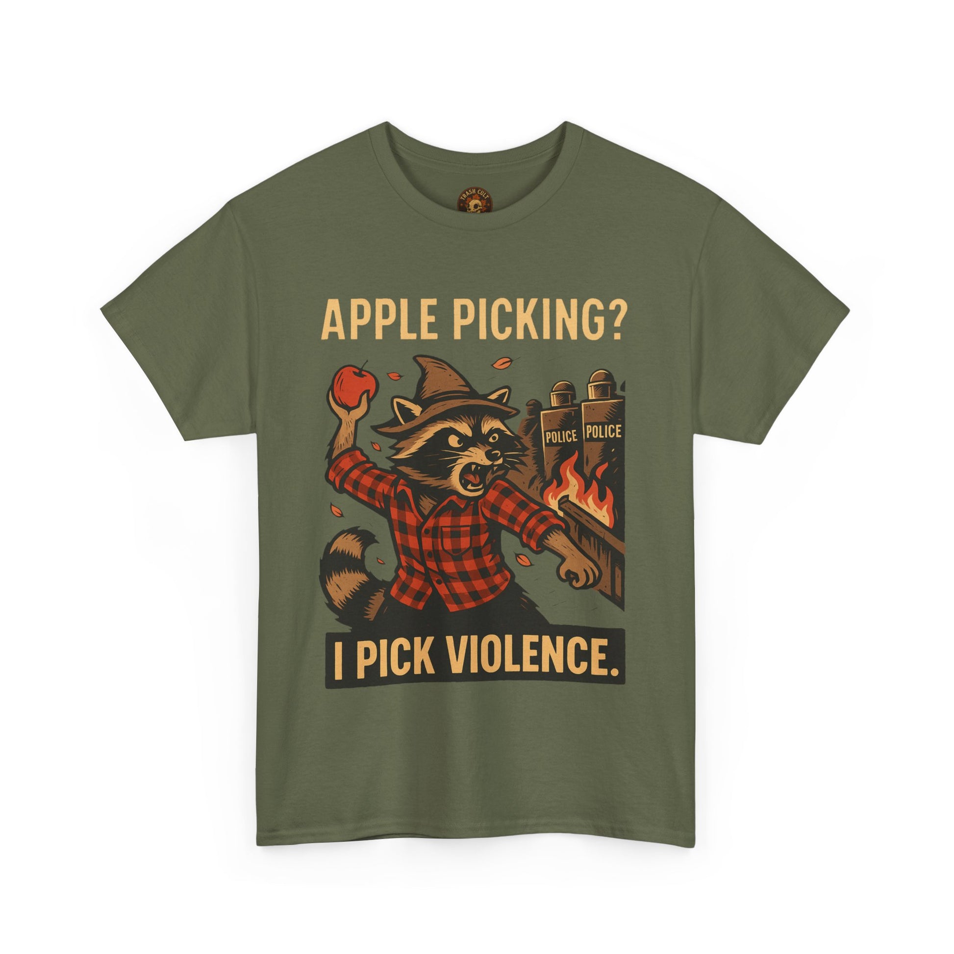 Apple Picking? I Pick Violence Shirt – Angry Raccoon Riot Tee – Fall of Humanity Collection – Trash Cult Supply Co.
