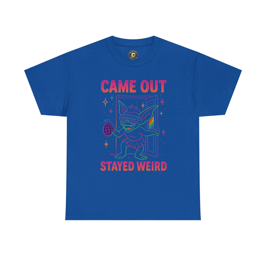 Came Out, Stayed Weird – Neon Gremlin Pride T-Shirt | Gildan Unisex Heavy Cotton Tee | LGBTQ+ Graphic Shirt
