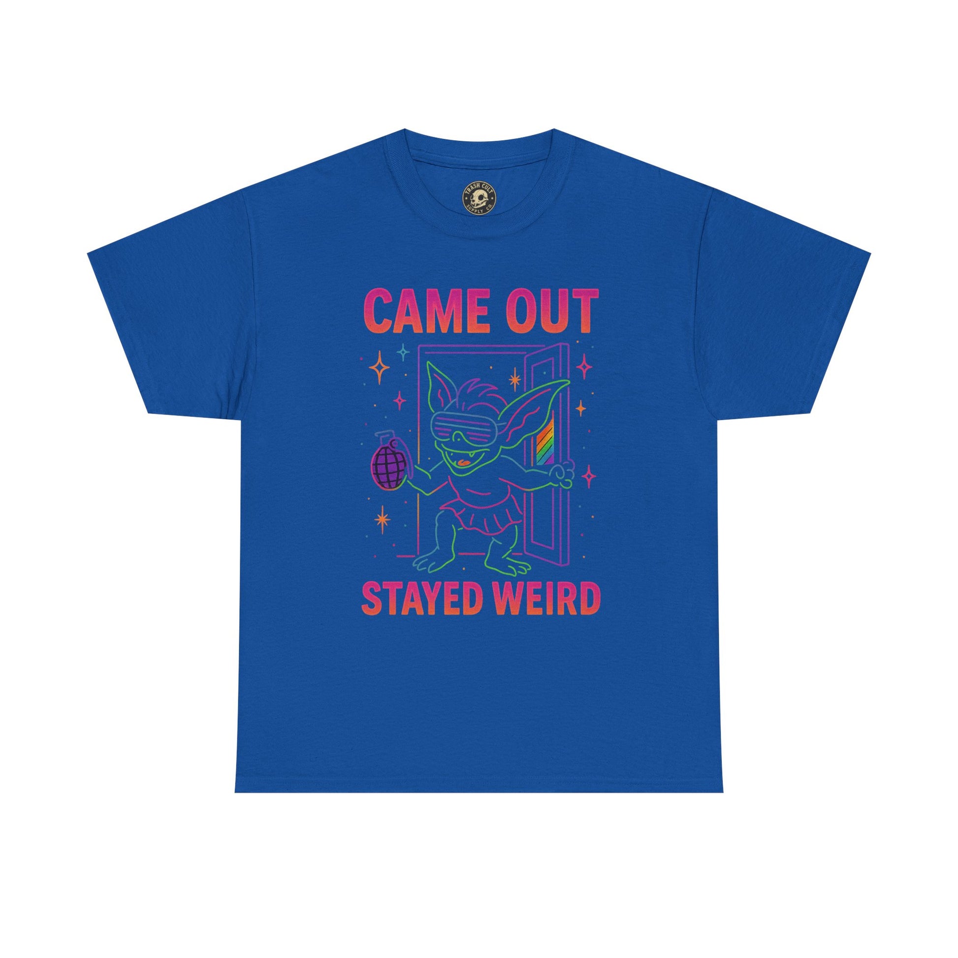 Came Out, Stayed Weird – Neon Gremlin Pride T-Shirt | Gildan Unisex Heavy Cotton Tee | LGBTQ+ Graphic Shirt