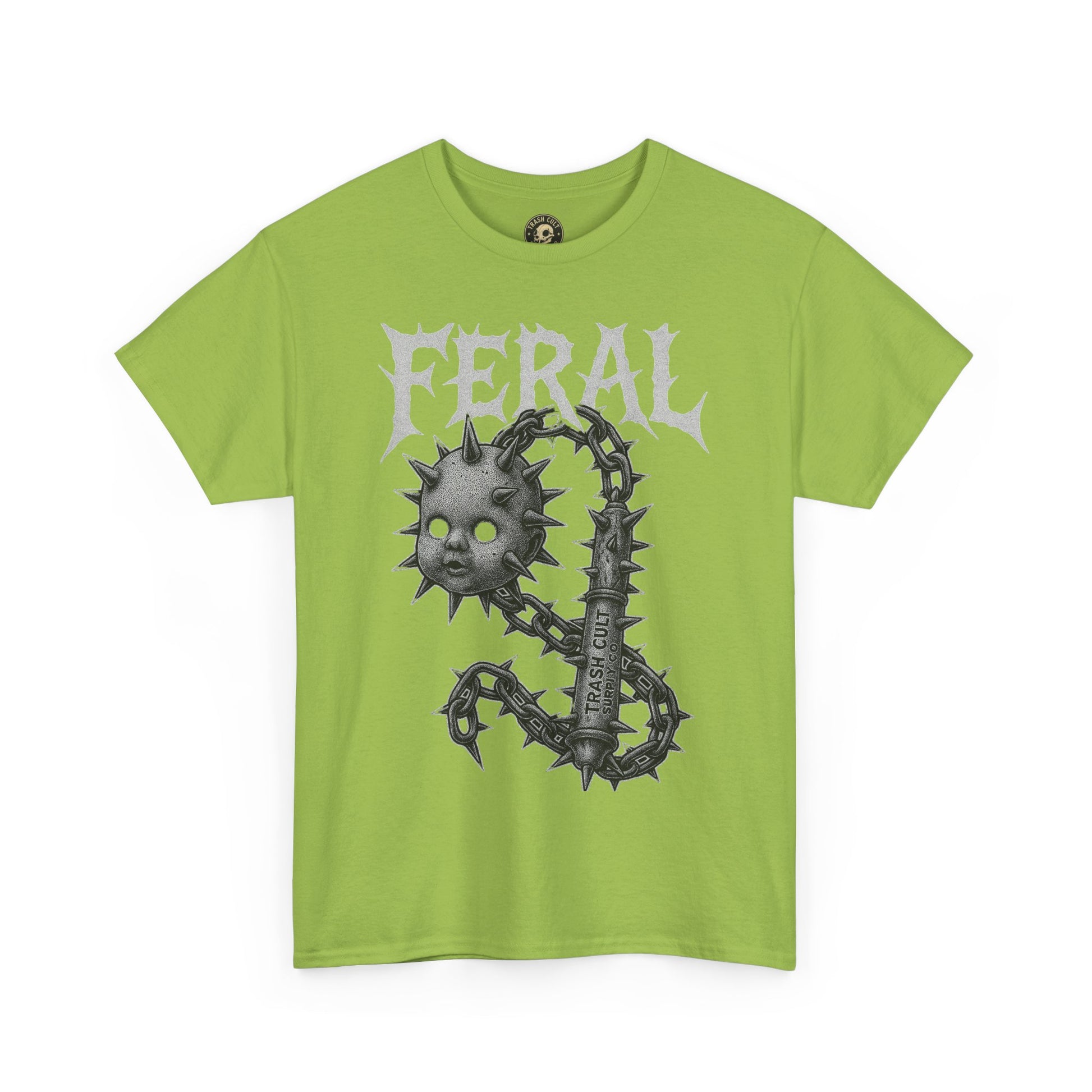 FERAL Spiked Doll Flail Tee – Halftone Gothic Weapon Shirt | Trash Cult Supply Co. | Gildan 5000