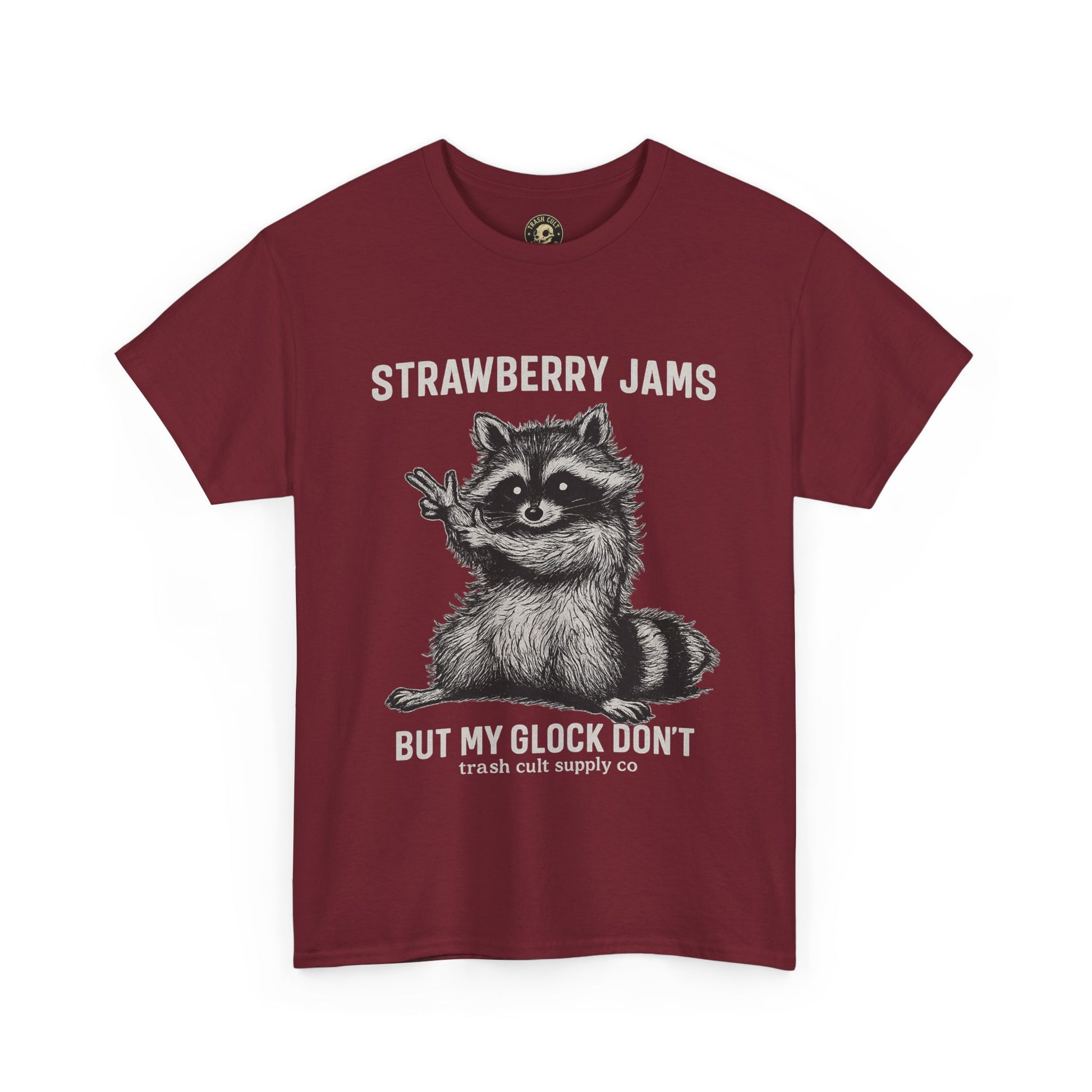 Strawberry Jams But My Glock Don’t Raccoon Shirt – Trash Cult Supply Co. Gildan 5000 Tee