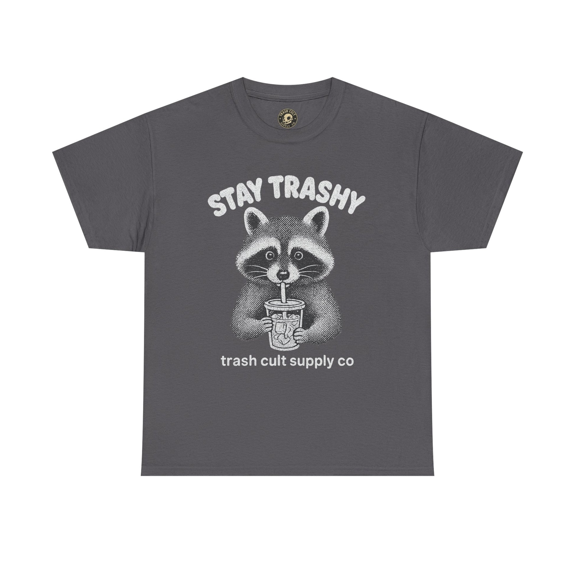 Stay Trashy Raccoon Iced Coffee Shirt – Halftone All White Design | Trash Cult Supply Co.