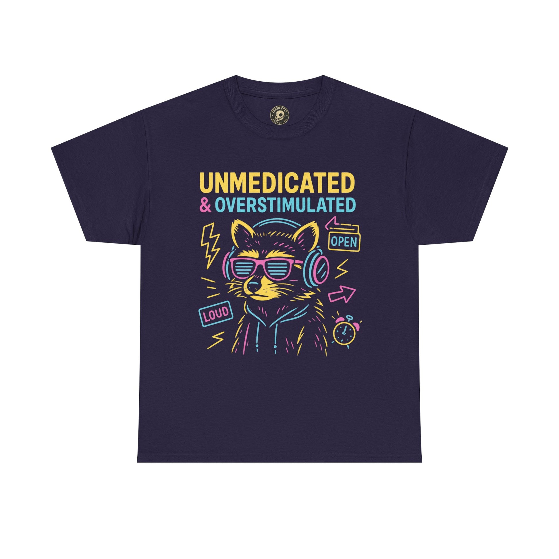 Unmedicated & Overstimulated Neon Raccoon ADHD Shirt – Trash Cult Supply Co. – Gildan 5000