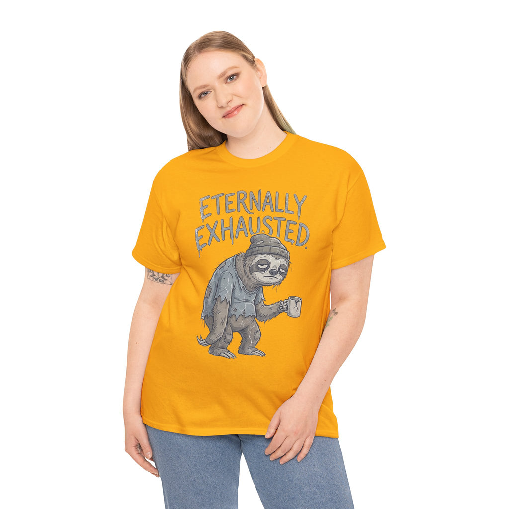 T-Shirt — 'Eternally Exhausted' Sloth Graphic Tee (Funny Coffee Lover Gift)
