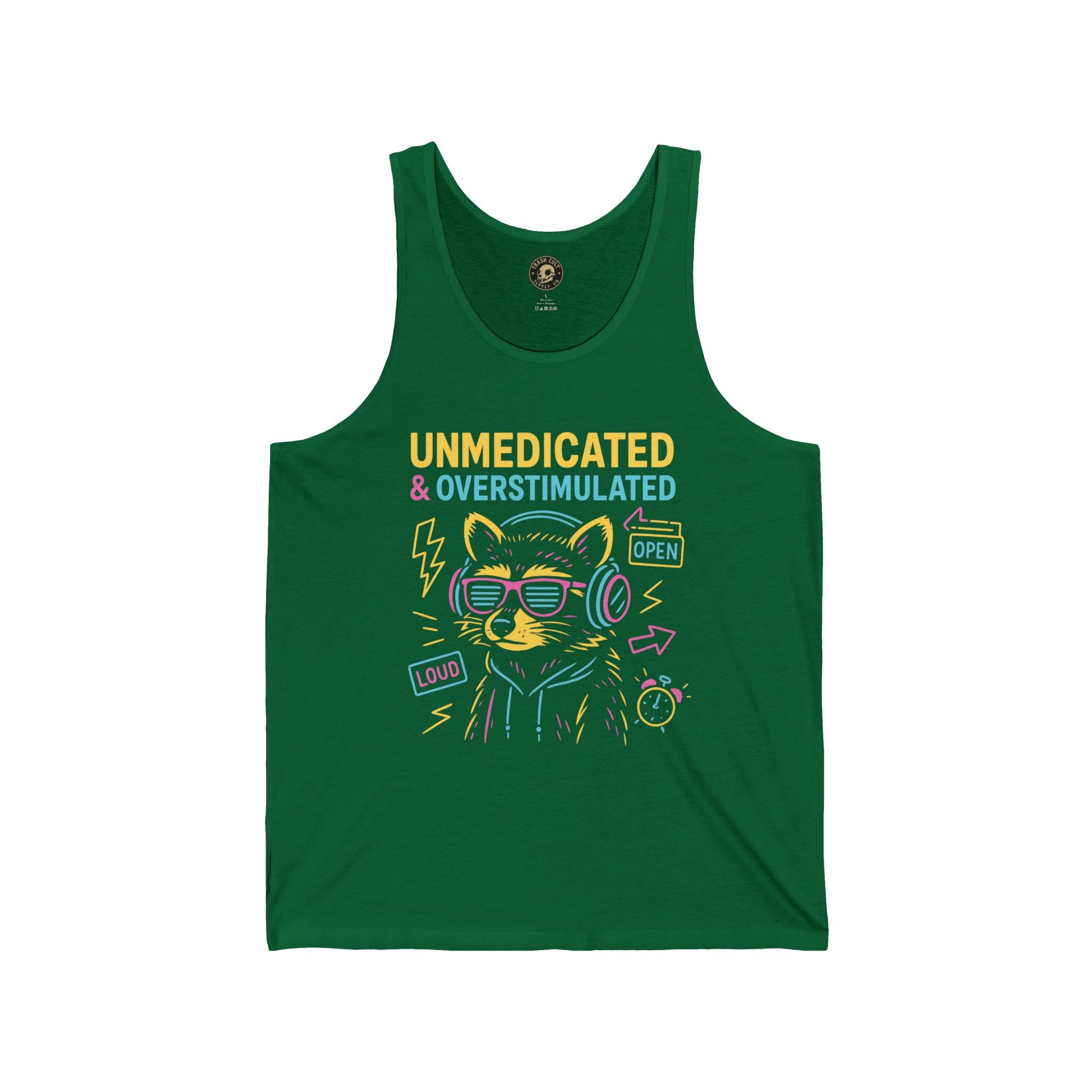 Unmedicated & Overstimulated Tank Top, Fun Cat Graphic Tee, Unisex Jersey Tank for Chill Days, Music Lovers Gift, Quirky Summer Wear