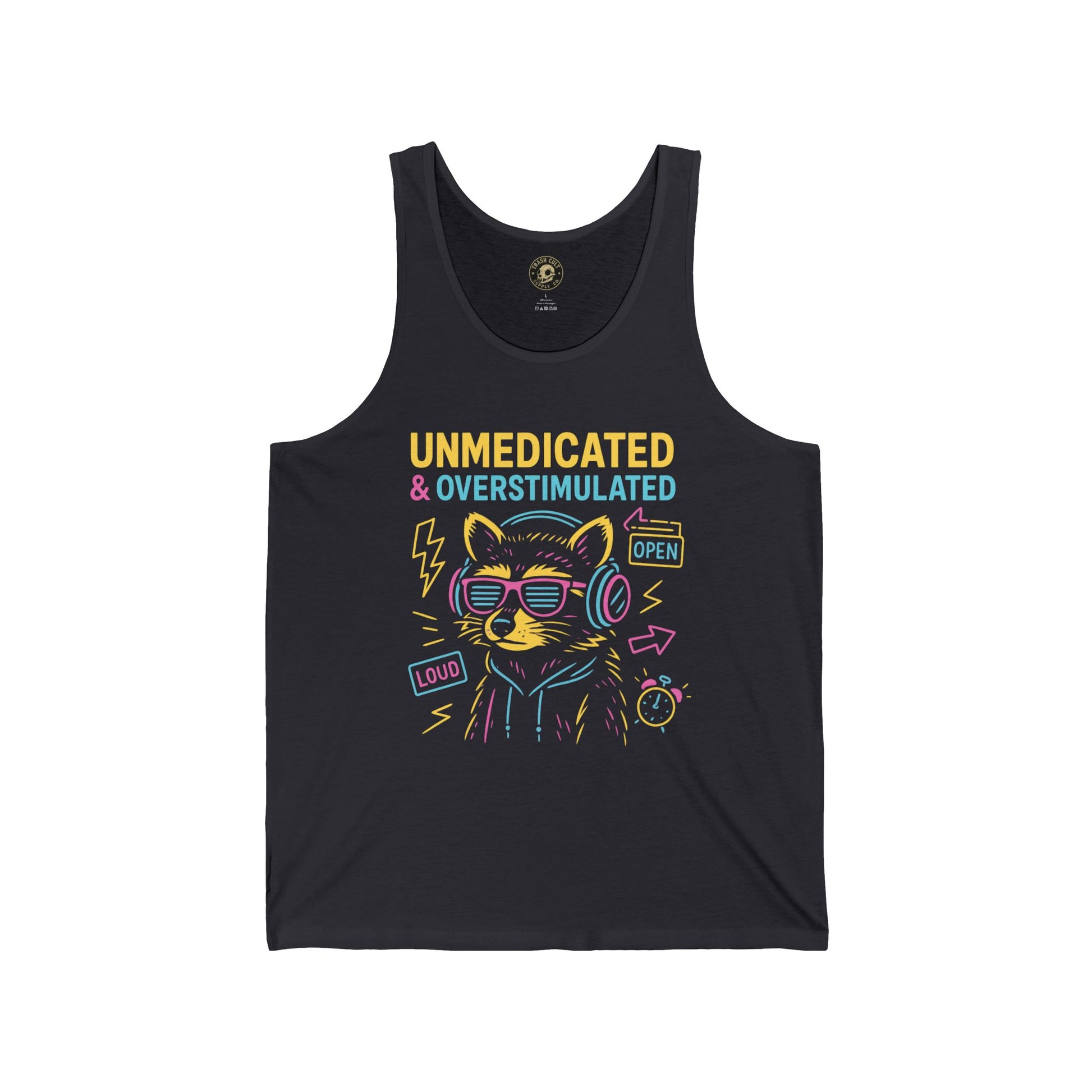 Unmedicated & Overstimulated Tank Top, Fun Cat Graphic Tee, Unisex Jersey Tank for Chill Days, Music Lovers Gift, Quirky Summer Wear