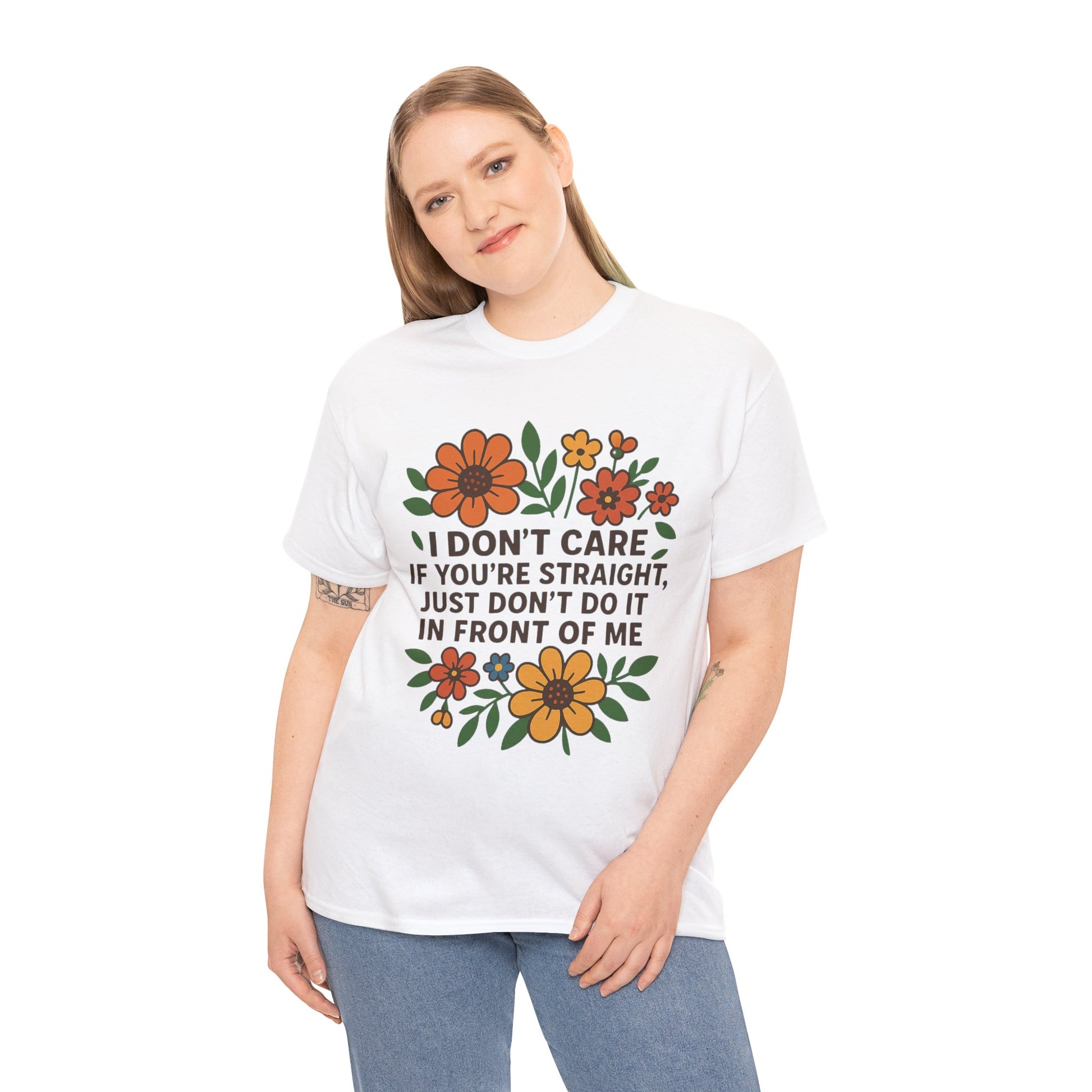 “I Don’t Care If You’re Straight” Funny Floral Shirt – LGBTQ+ Ally Tee – Bold Statement Graphic – Gildan 5000