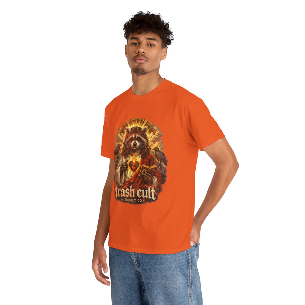 Raccoon Saint Graphic Tee — “Trash Cult” Vintage Devotional Design