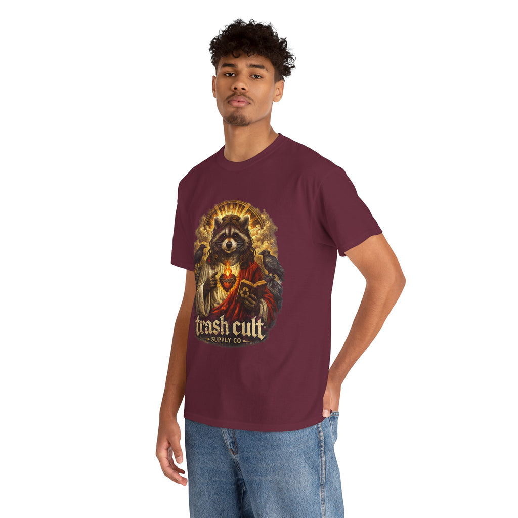 Raccoon Saint Graphic Tee — “Trash Cult” Vintage Devotional Design