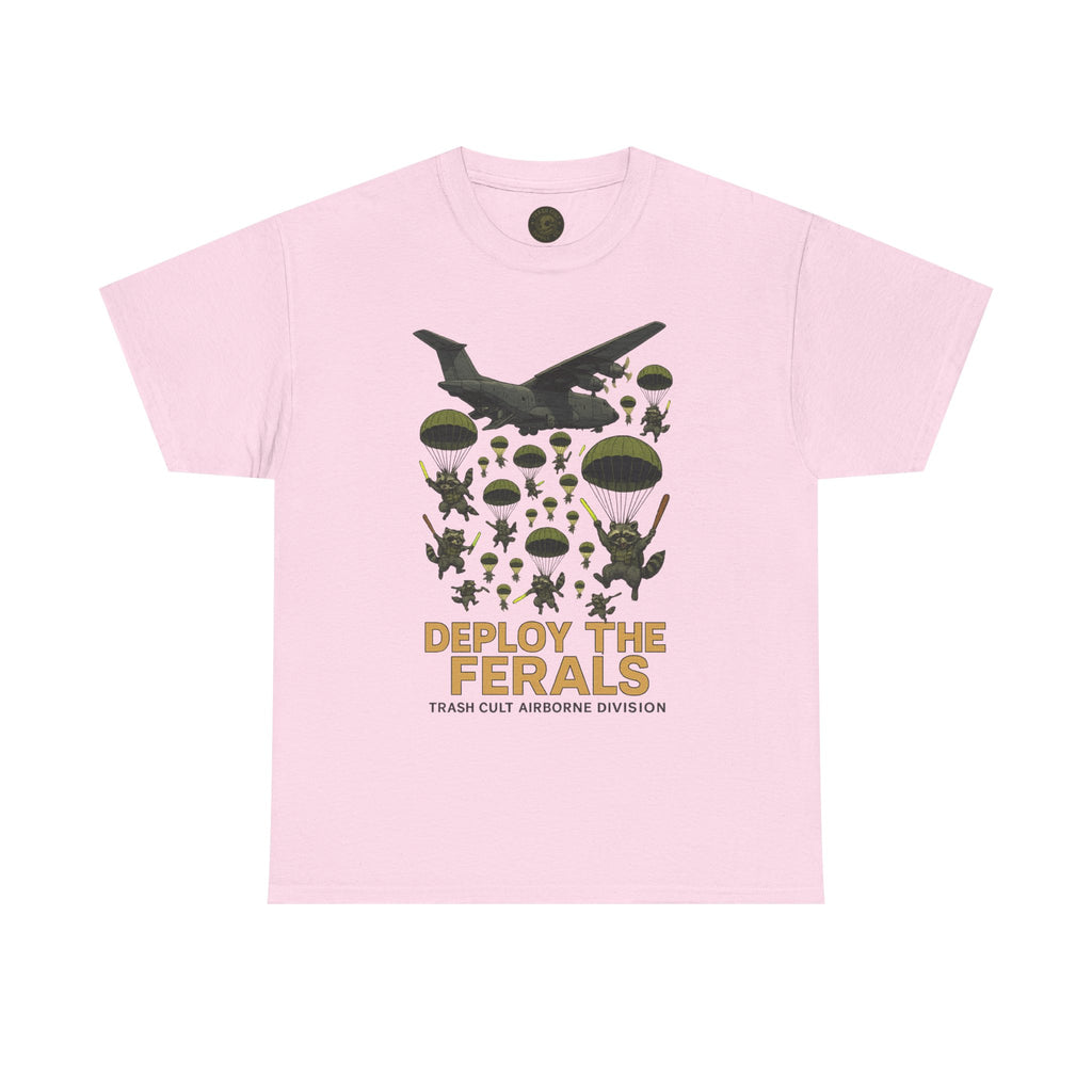 Deploy the Ferals T-Shirt – Airborne Raccoon Drop Graphic | Trash Cult Supply Co. | Gildan 5000 Heavy Cotton Tee