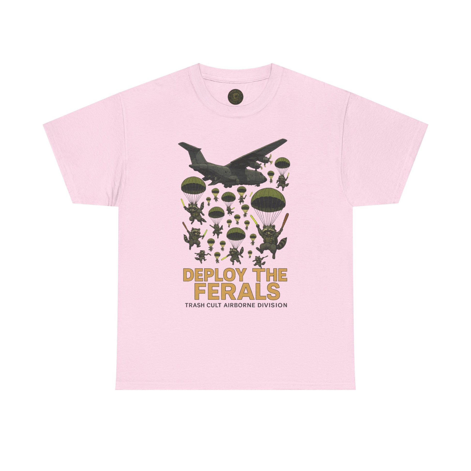 Deploy the Ferals T-Shirt – Airborne Raccoon Drop Graphic | Trash Cult Supply Co. | Gildan 5000 Heavy Cotton Tee