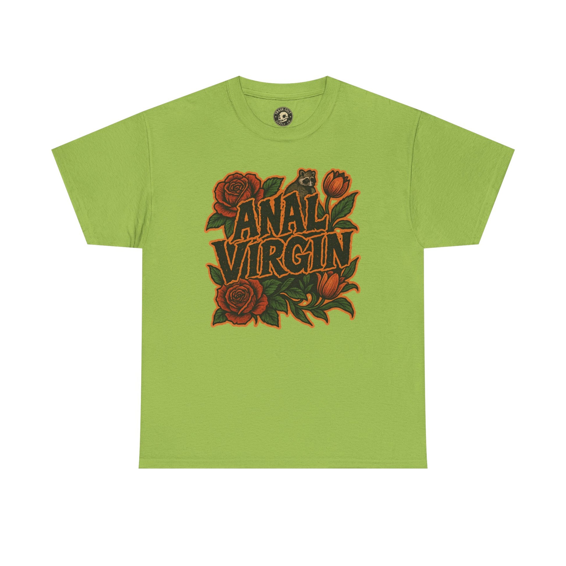 Anal Virgin Bold Floral Trashcore Tee – Funny Raccoon Shirt – Gildan 5000