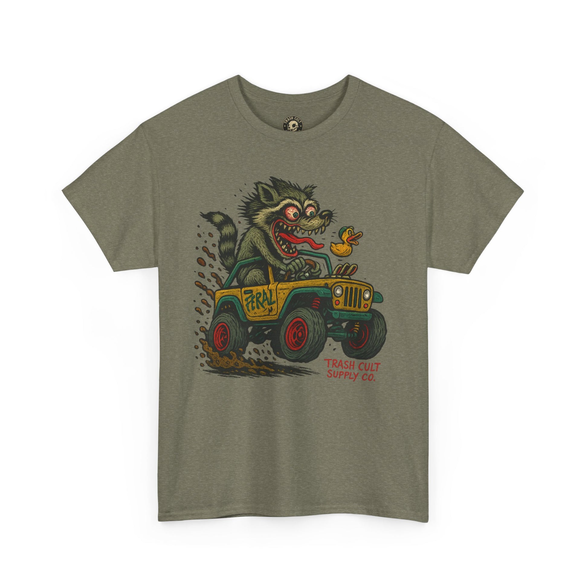 Feral Jeep Raccoon Shirt – Ed Roth Style Off-Road Chaos | Trash Cult Supply Co | Gildan 5000 Tee