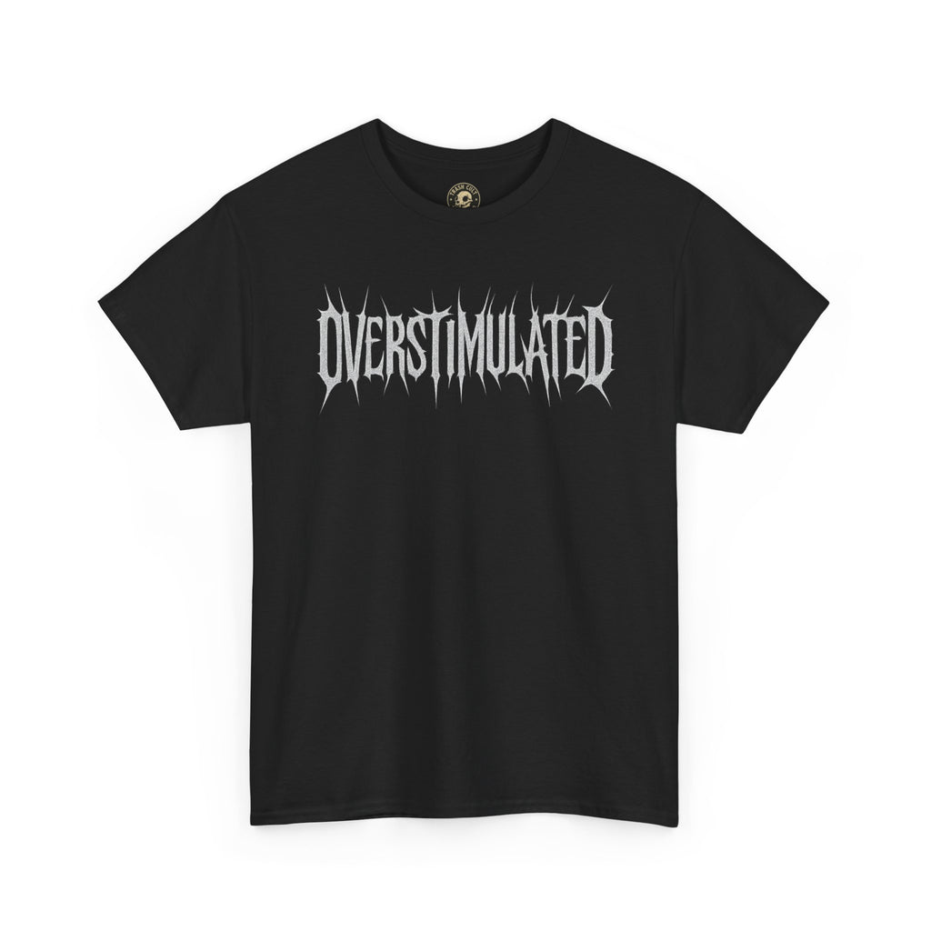 OVERSTIMULATED Metalcore Grunge Shirt – White on Black Distressed Font Tee