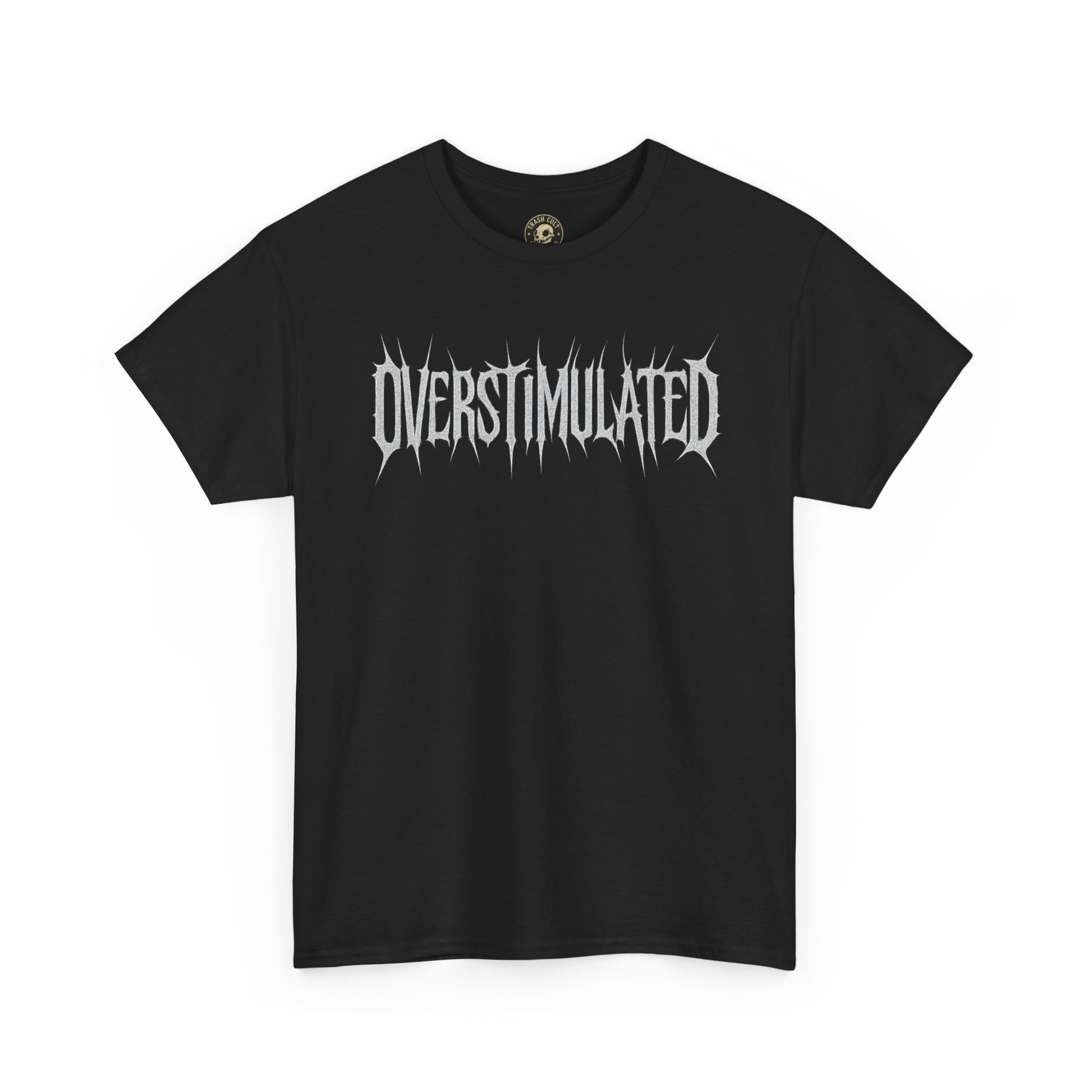 OVERSTIMULATED Metalcore Grunge Shirt – White on Black Distressed Font Tee