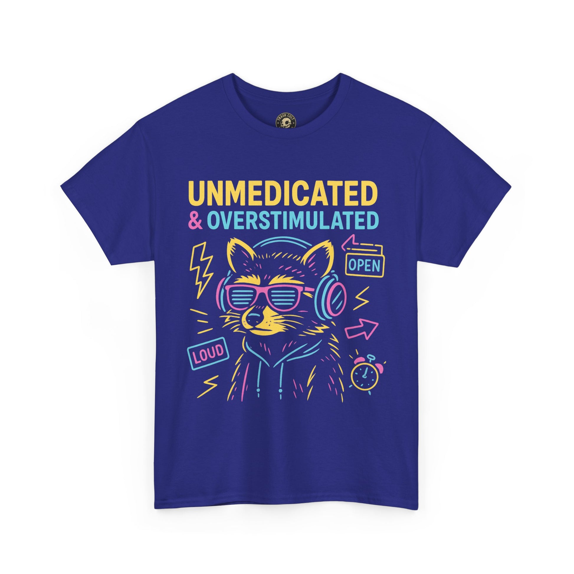 Unmedicated & Overstimulated Neon Raccoon ADHD Shirt – Trash Cult Supply Co. – Gildan 5000