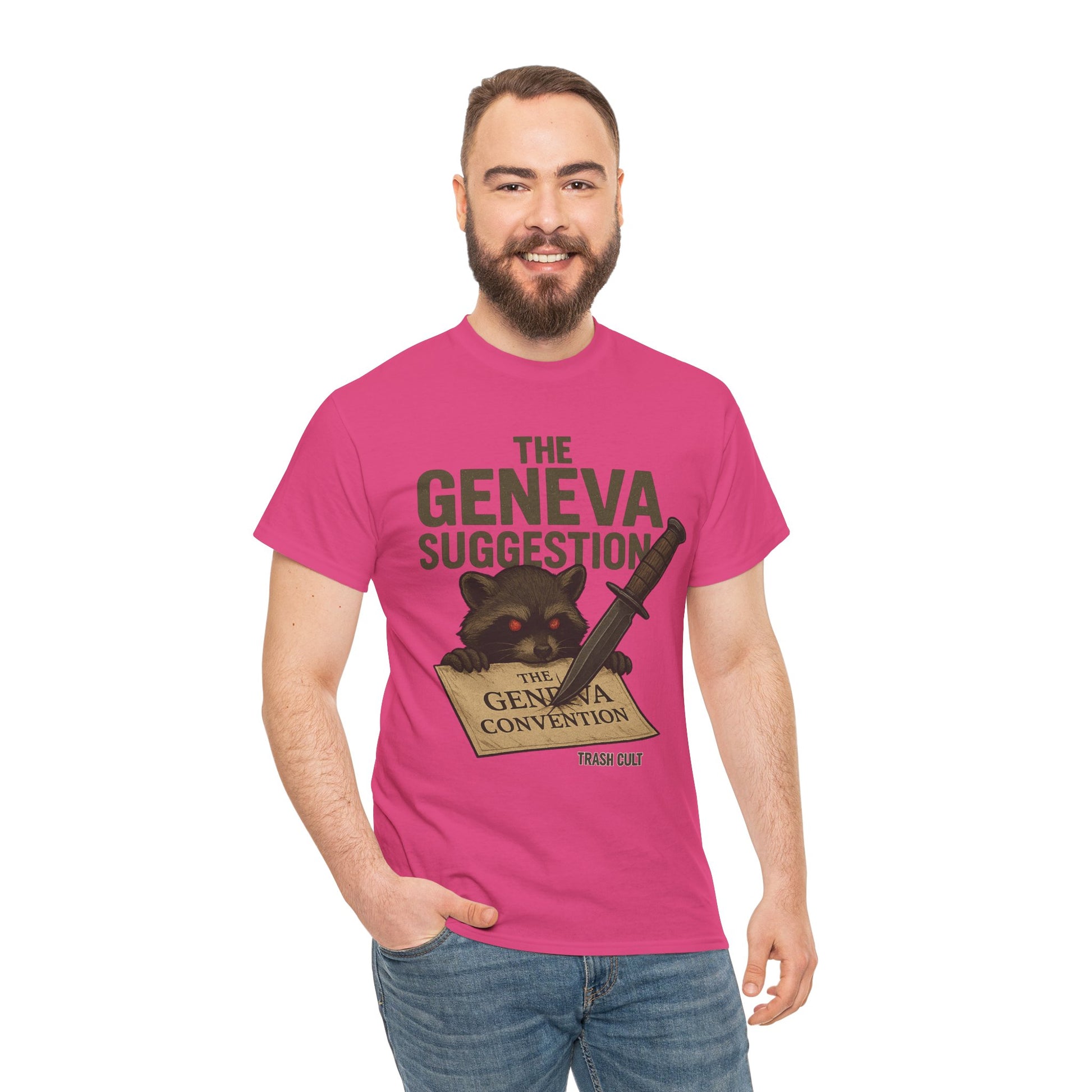 The Geneva Suggestion T-Shirt – Tactical Raccoon Dark Humor Tee | Trash Cult Supply Co. | Gildan 5000