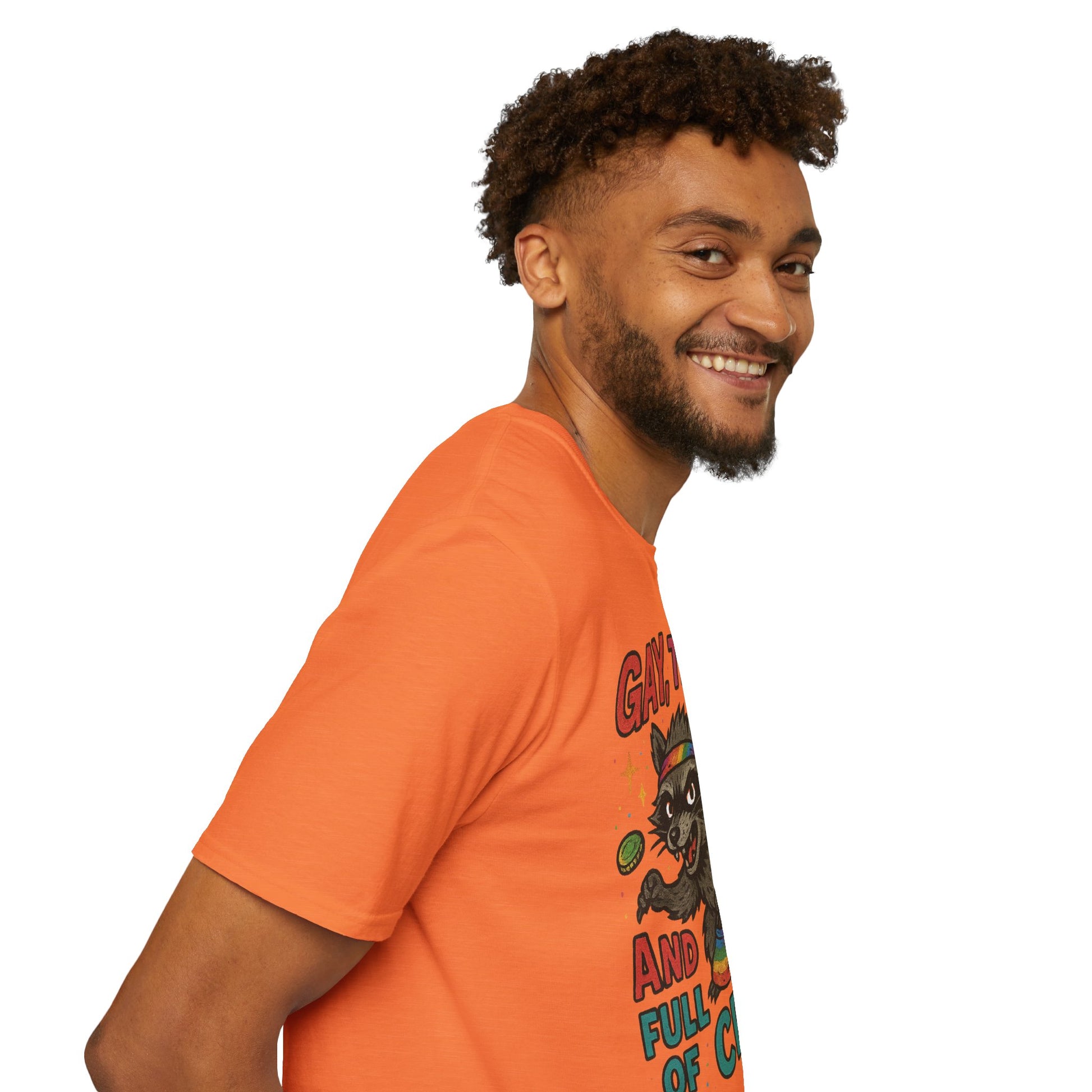 Gay, Tired, and Full of Crimes Raccoon Pride T-Shirt – Gildan Softstyle Unisex Tee