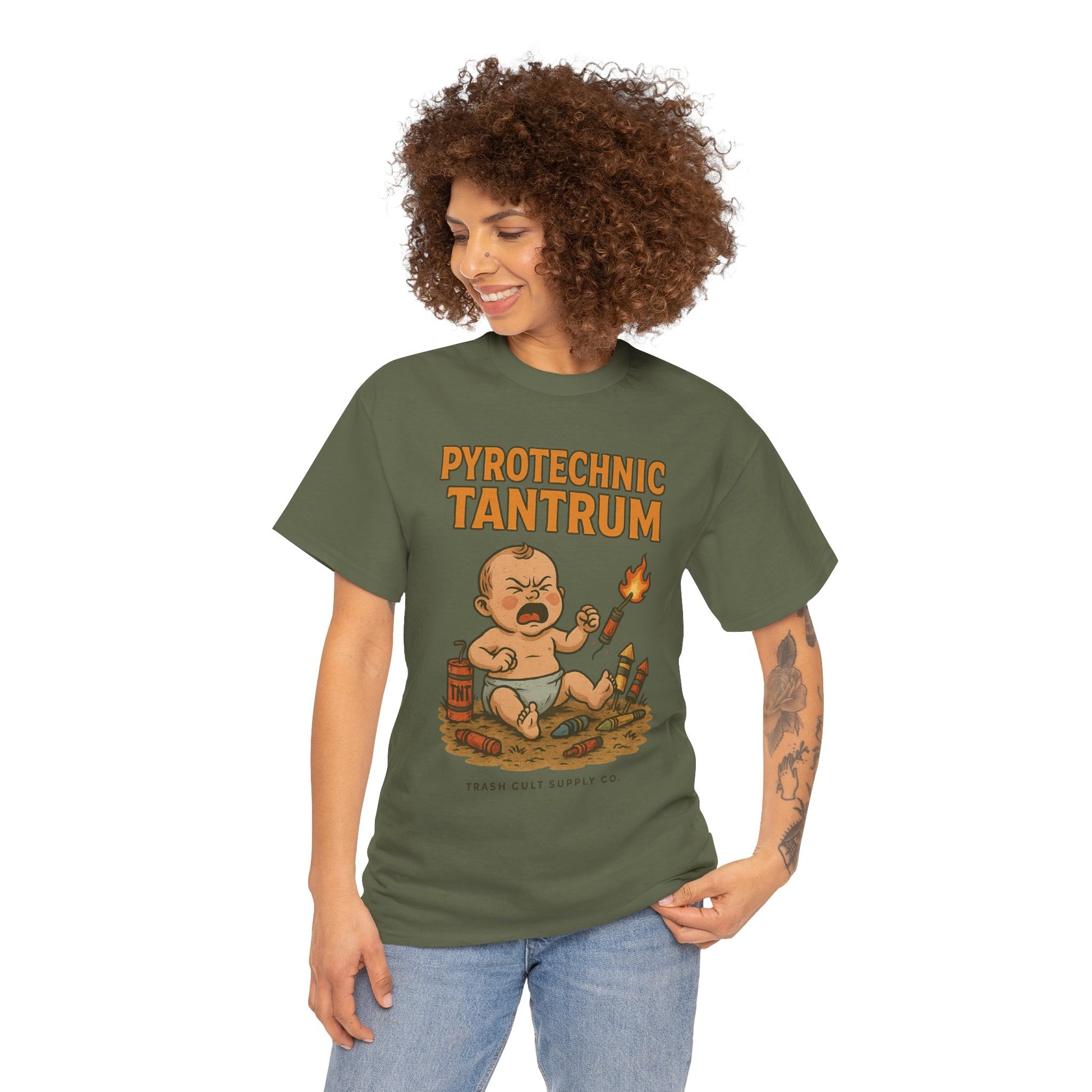 Pyrotechnic Tantrum T-Shirt – Explosive Baby Humor Graphic | Trash Cult Supply Co. | Gildan 5000 Tee