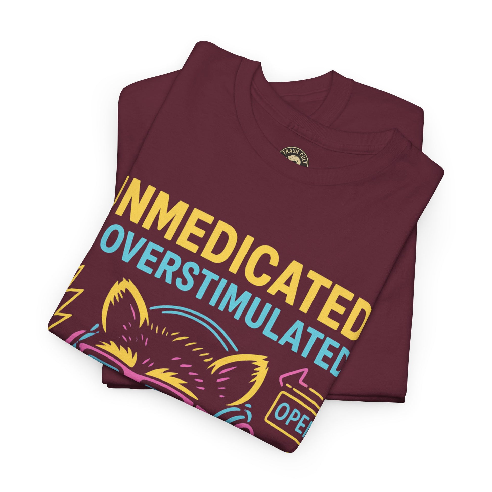 Unmedicated & Overstimulated Neon Raccoon ADHD Shirt – Trash Cult Supply Co. – Gildan 5000