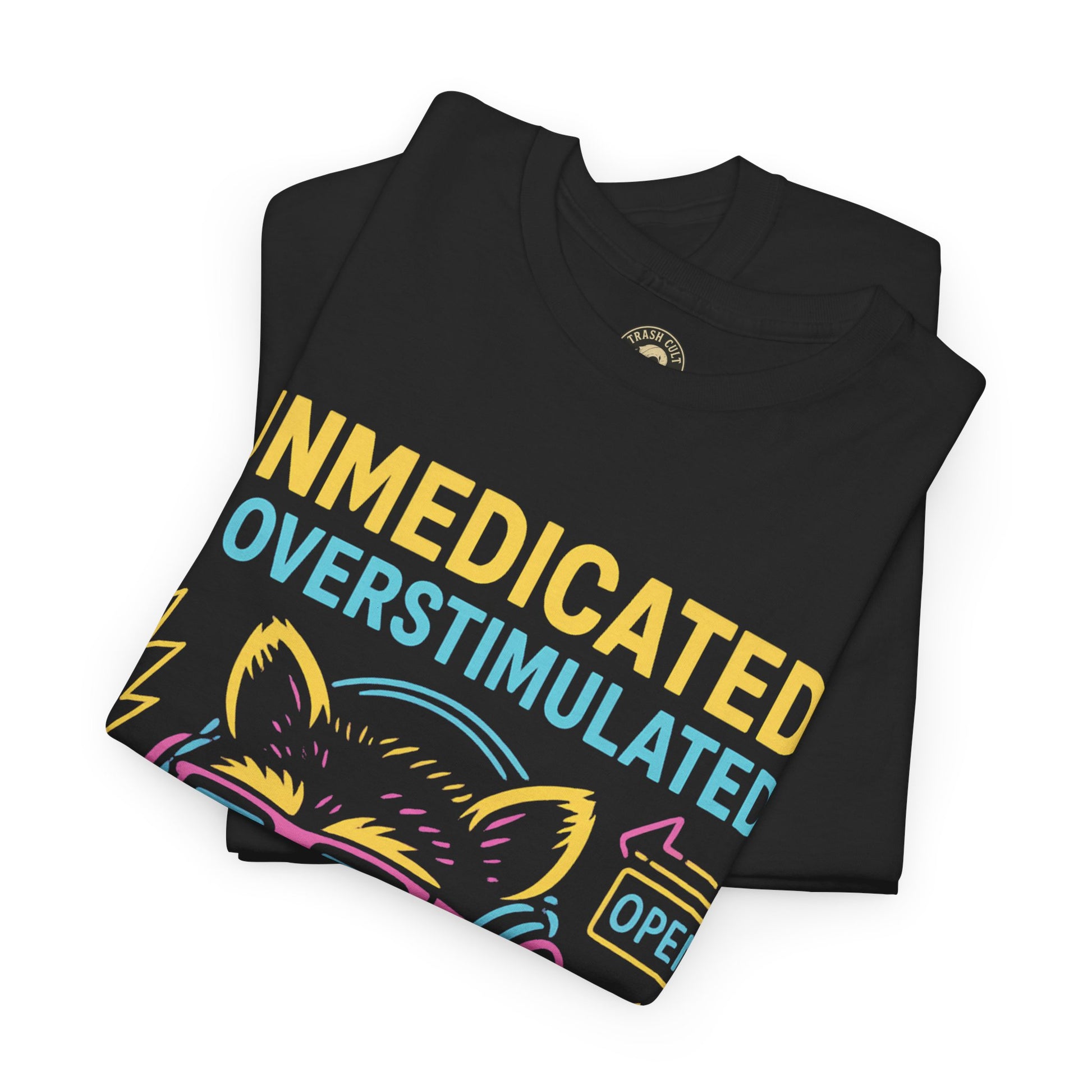 Unmedicated & Overstimulated Neon Raccoon ADHD Shirt – Trash Cult Supply Co. – Gildan 5000