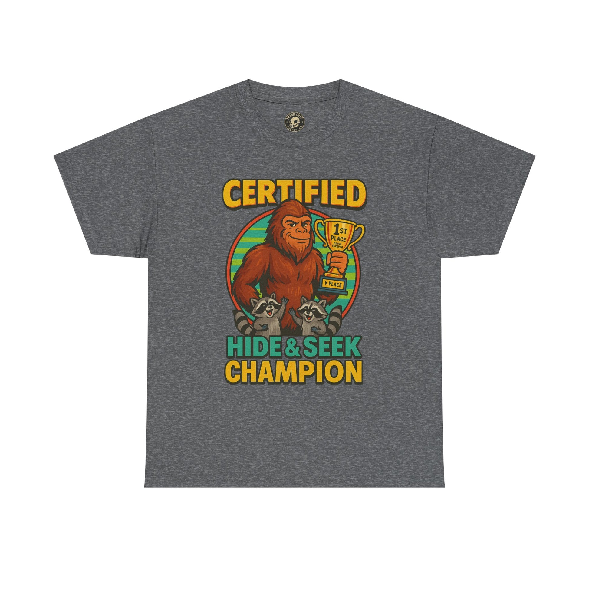 Certified Hide & Seek Champion Bigfoot T-Shirt – Funny Cryptid Shirt – Raccoon Forest Meme Tee – Gildan 5000