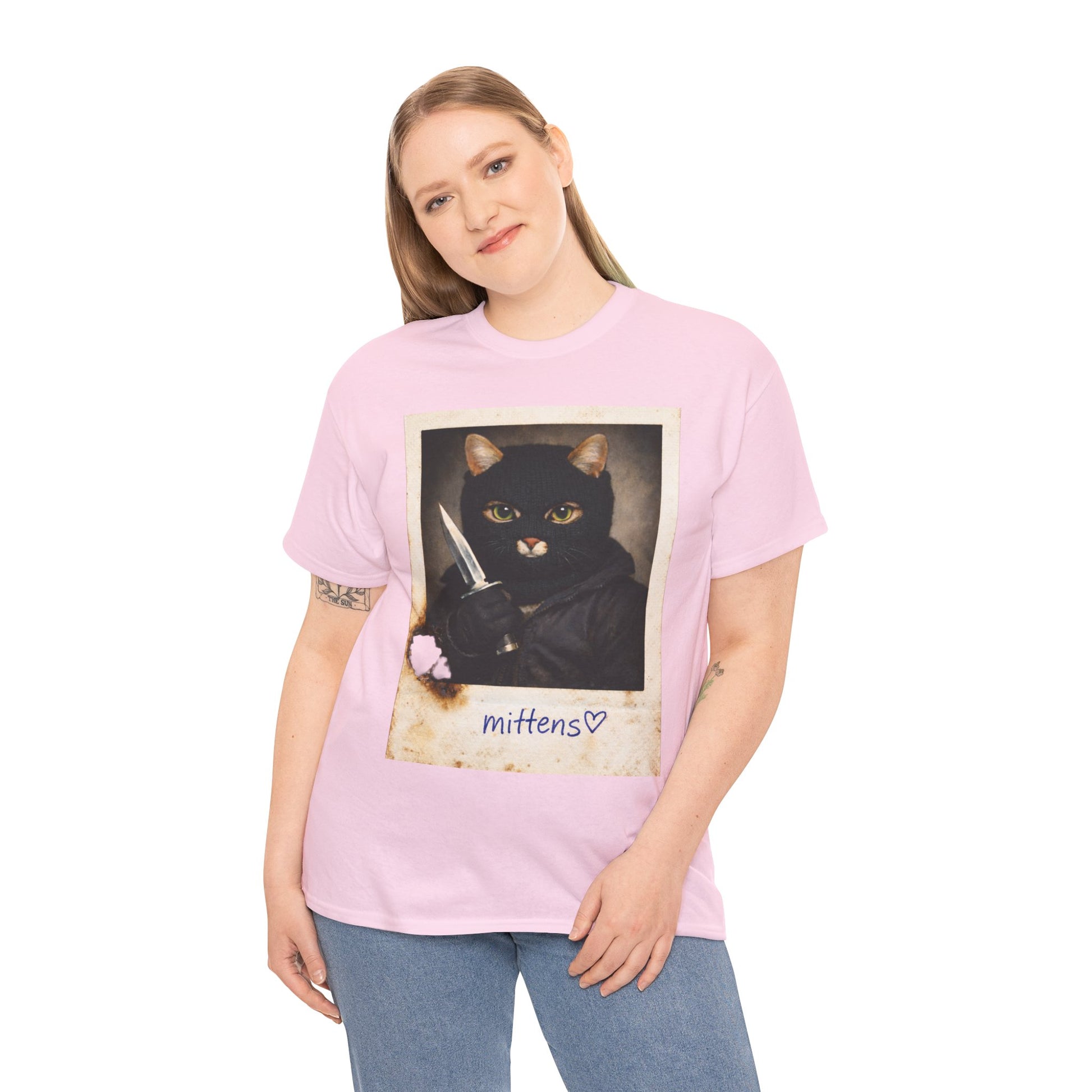 Cat With Knife Tee — "Mittens" Dark Humor Vintage Polaroid Graphic T-Shirt
