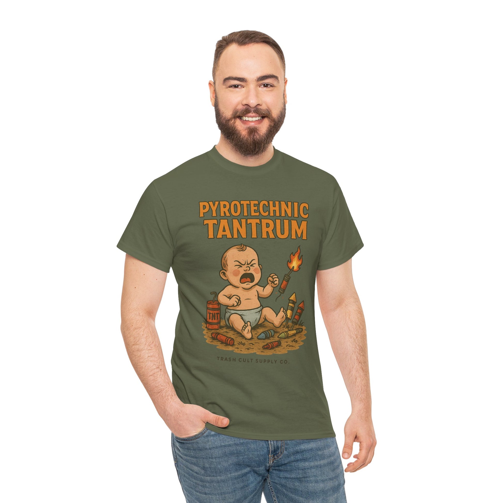 Pyrotechnic Tantrum T-Shirt – Explosive Baby Humor Graphic | Trash Cult Supply Co. | Gildan 5000 Tee