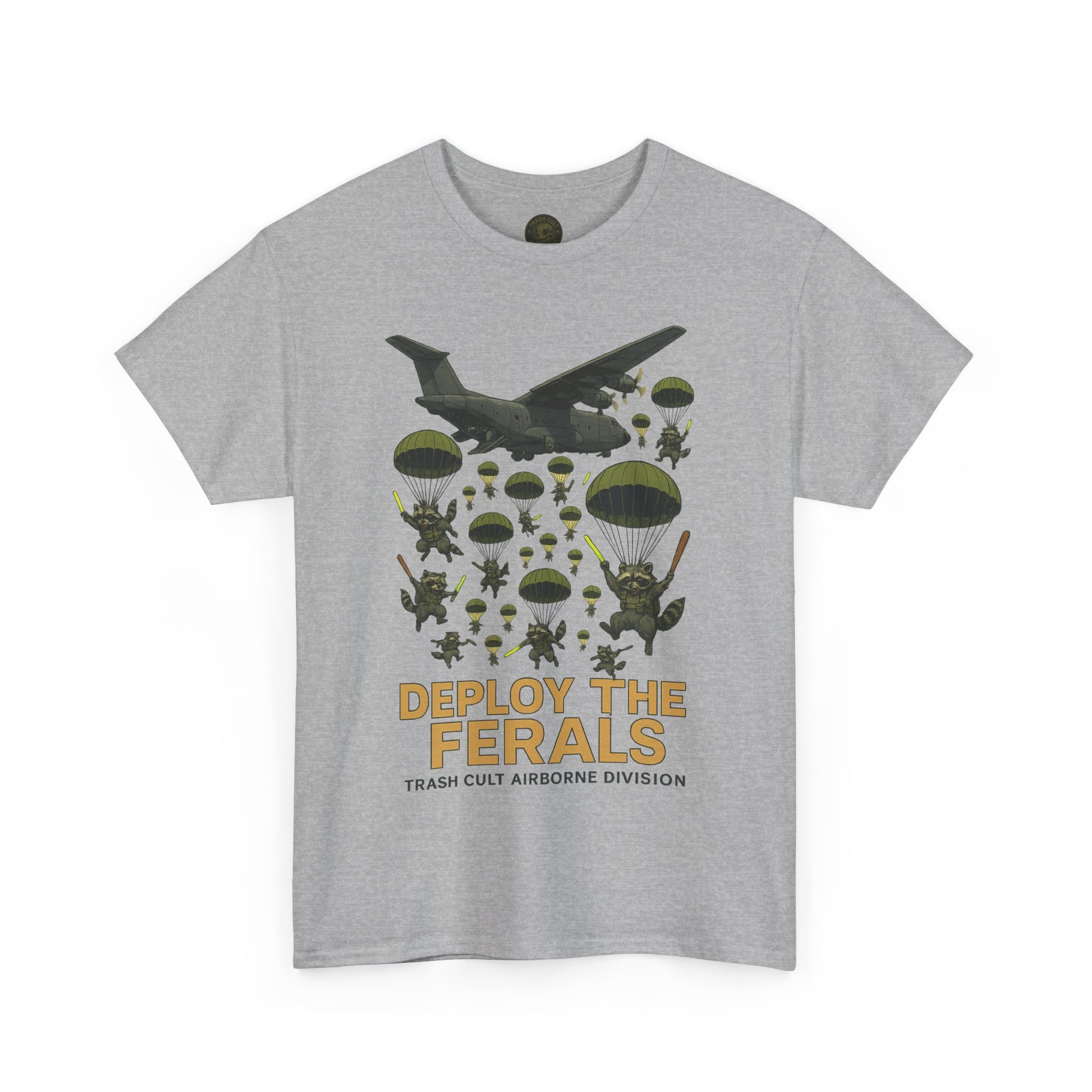 Deploy the Ferals T-Shirt – Airborne Raccoon Drop Graphic | Trash Cult Supply Co. | Gildan 5000 Heavy Cotton Tee