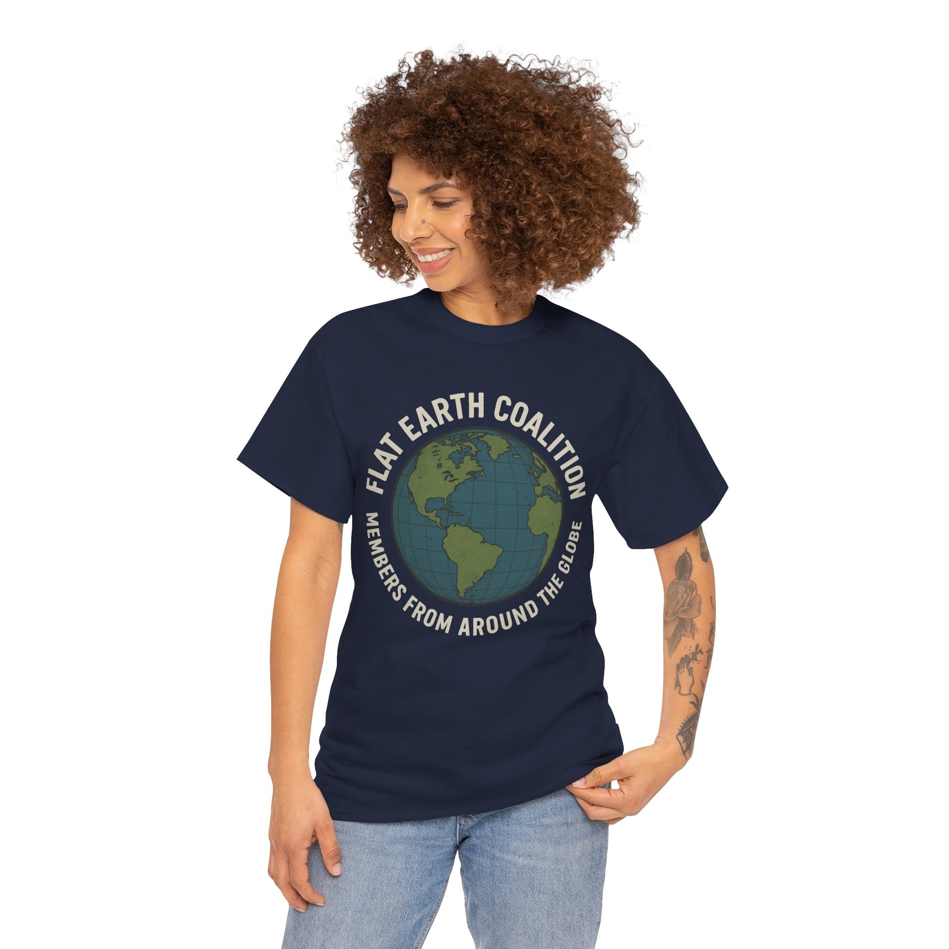 Flat Earth Coalition Funny Globe Parody Shirt – “Members From Around the Globe” Tee – Satirical Conspiracy Theory Humor Tee