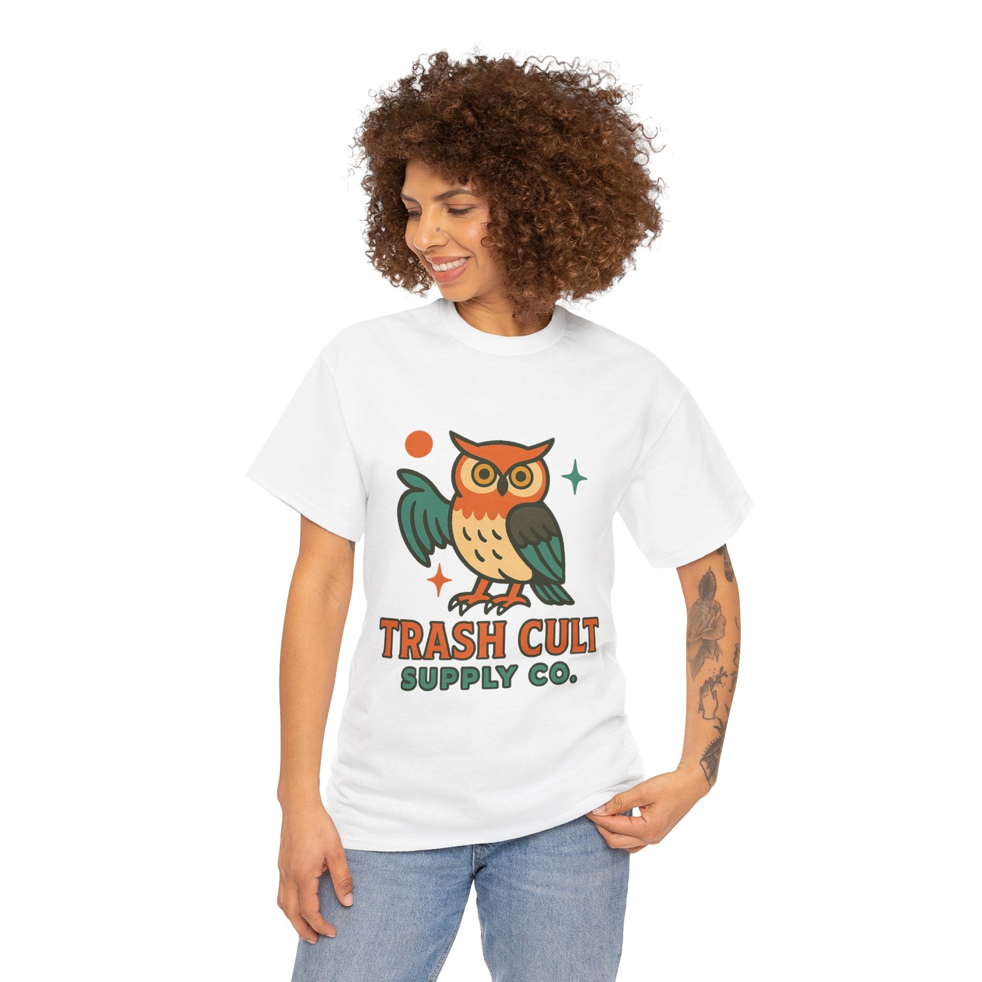 Vintage Owl Graphic Tee, Unisex Heavy Cotton Tee, Trash Cult Shirt, Nature Lover Gift, Eco-Friendly Apparel
