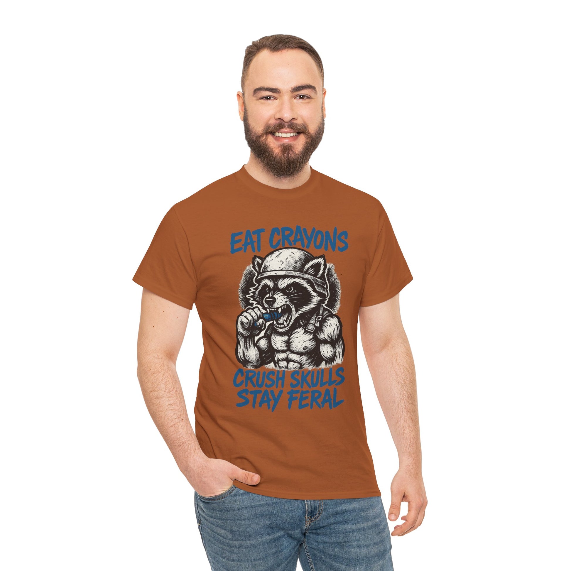 Eat Crayons Crush Skulls Stay Feral Military Raccoon Shirt – Gildan 5000