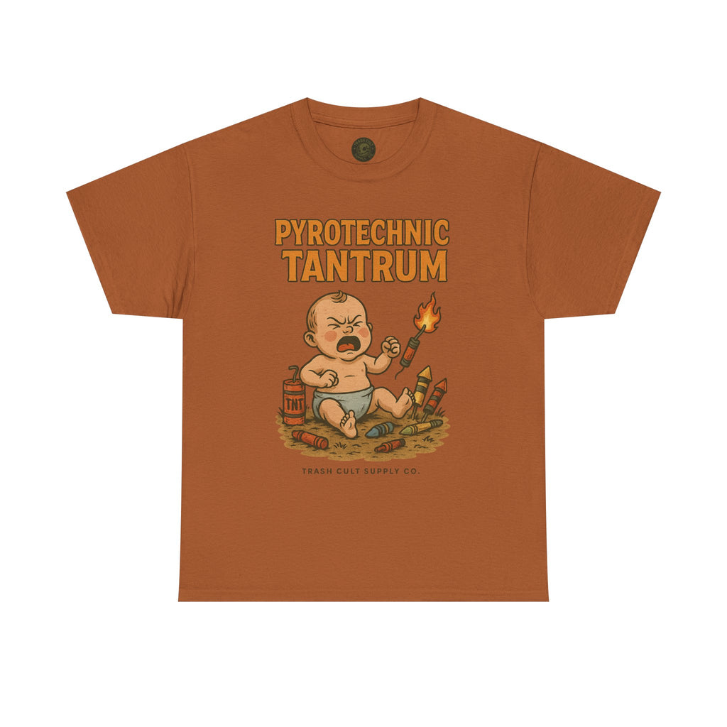 Pyrotechnic Tantrum T-Shirt – Explosive Baby Humor Graphic | Trash Cult Supply Co. | Gildan 5000 Tee