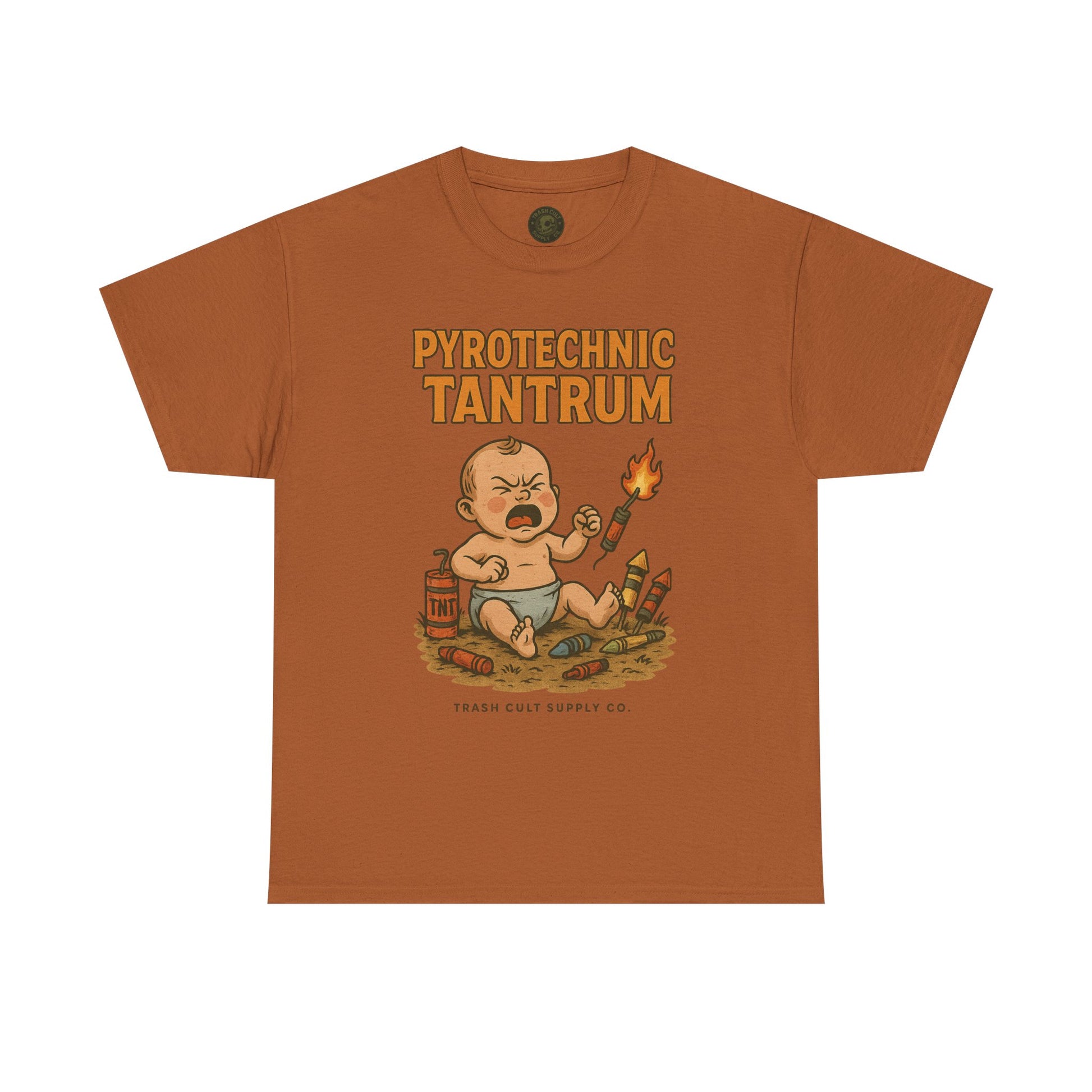 Pyrotechnic Tantrum T-Shirt – Explosive Baby Humor Graphic | Trash Cult Supply Co. | Gildan 5000 Tee