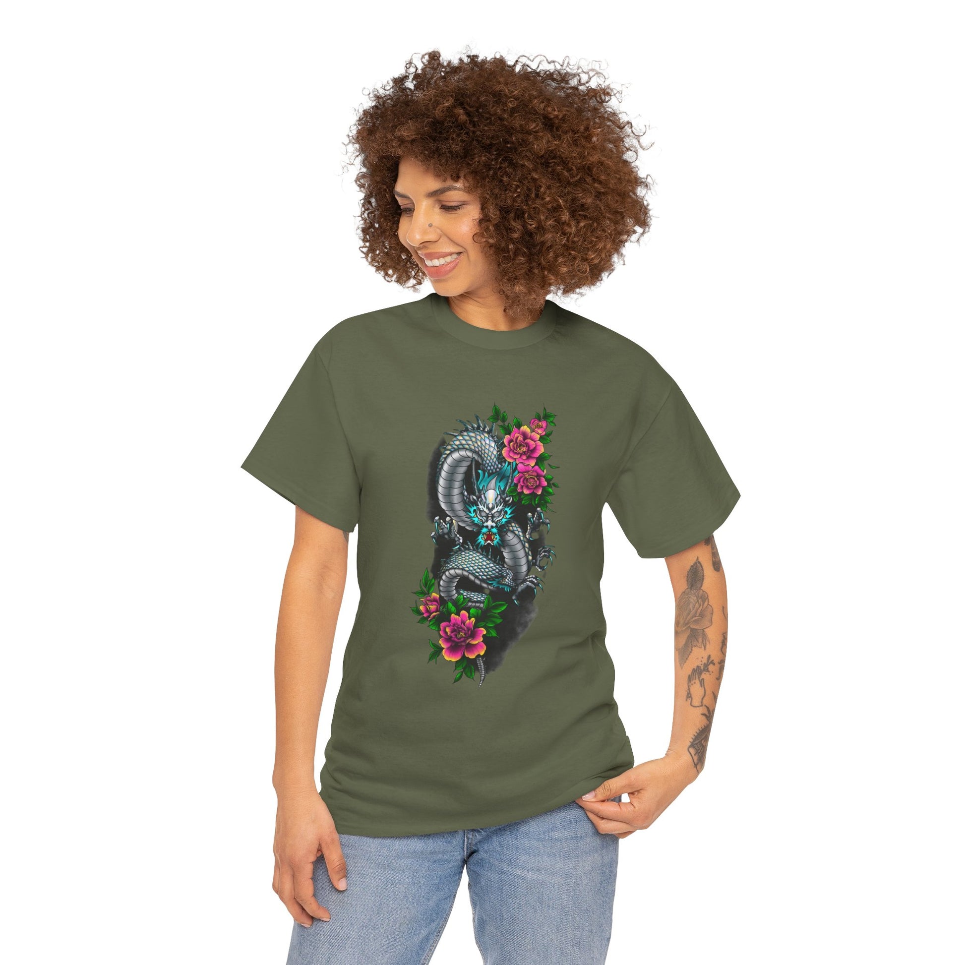 Mythic Dragon & Peonies Tattoo T-Shirt – Lara Davenport x Trash Cult Supply Co. Collab (Gildan 5000)