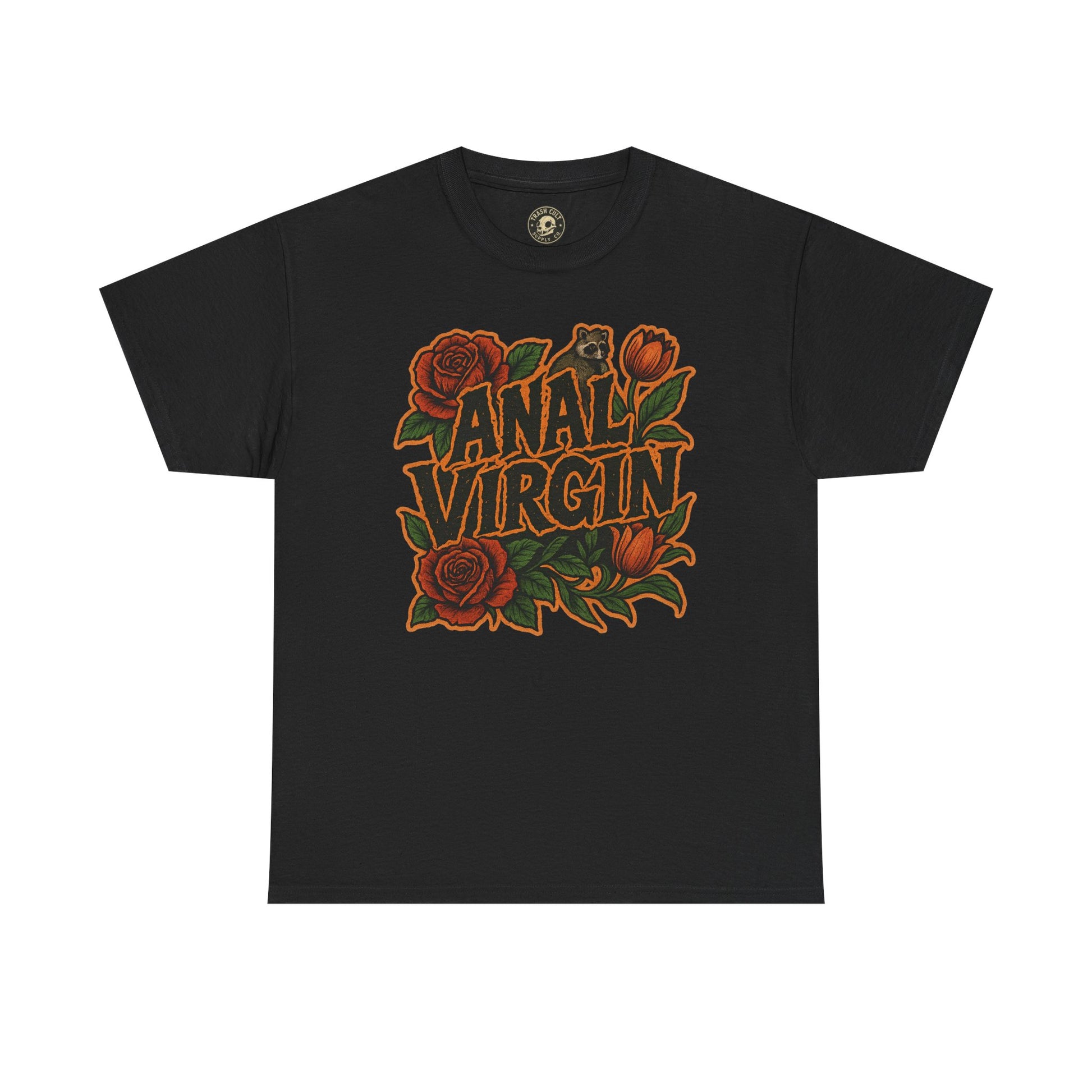 Anal Virgin Bold Floral Trashcore Tee – Funny Raccoon Shirt – Gildan 5000