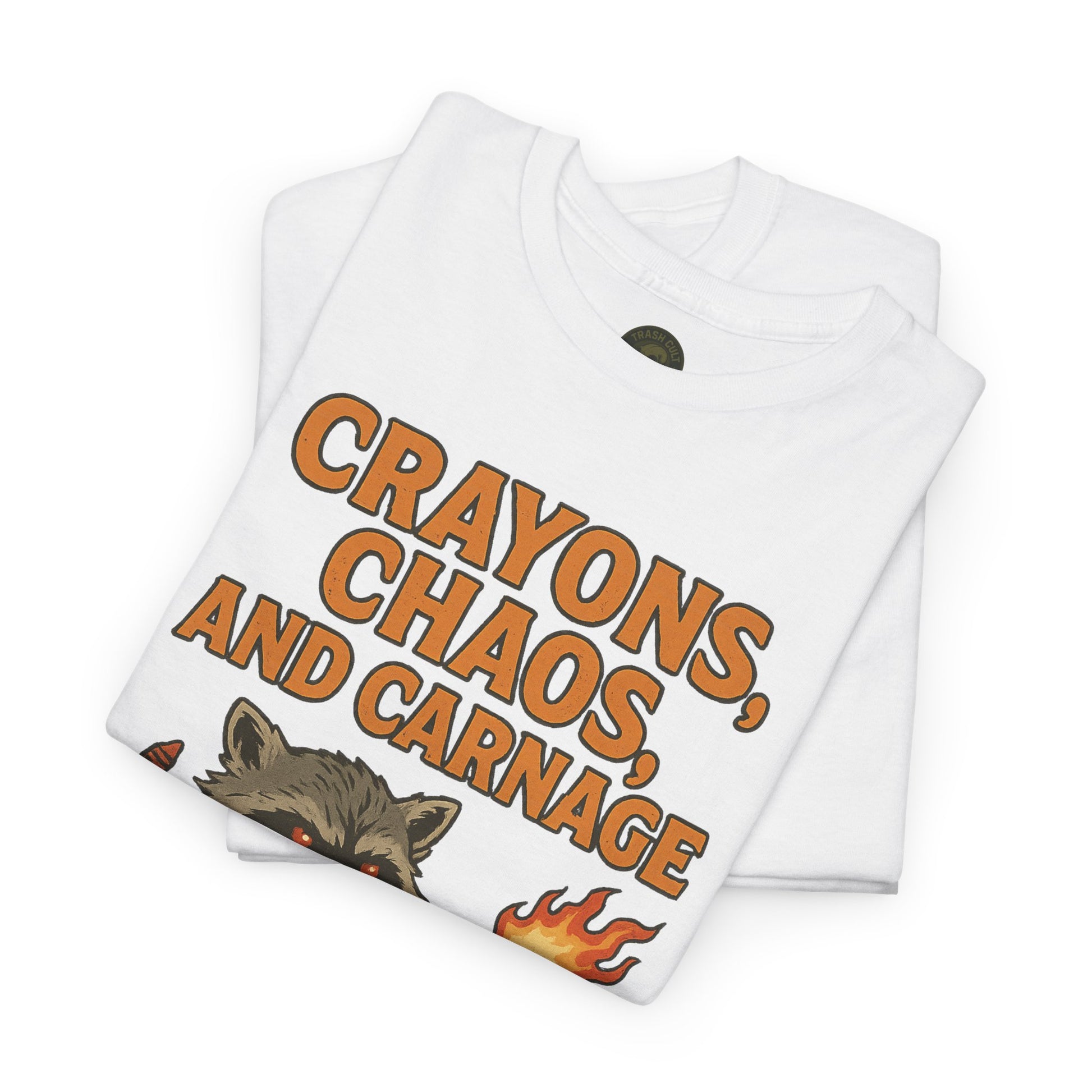 Crayons, Chaos, and Carnage T-Shirt – Dark Humor Raccoon Graphic | Trash Cult Supply Co. | Gildan 5000 Tee