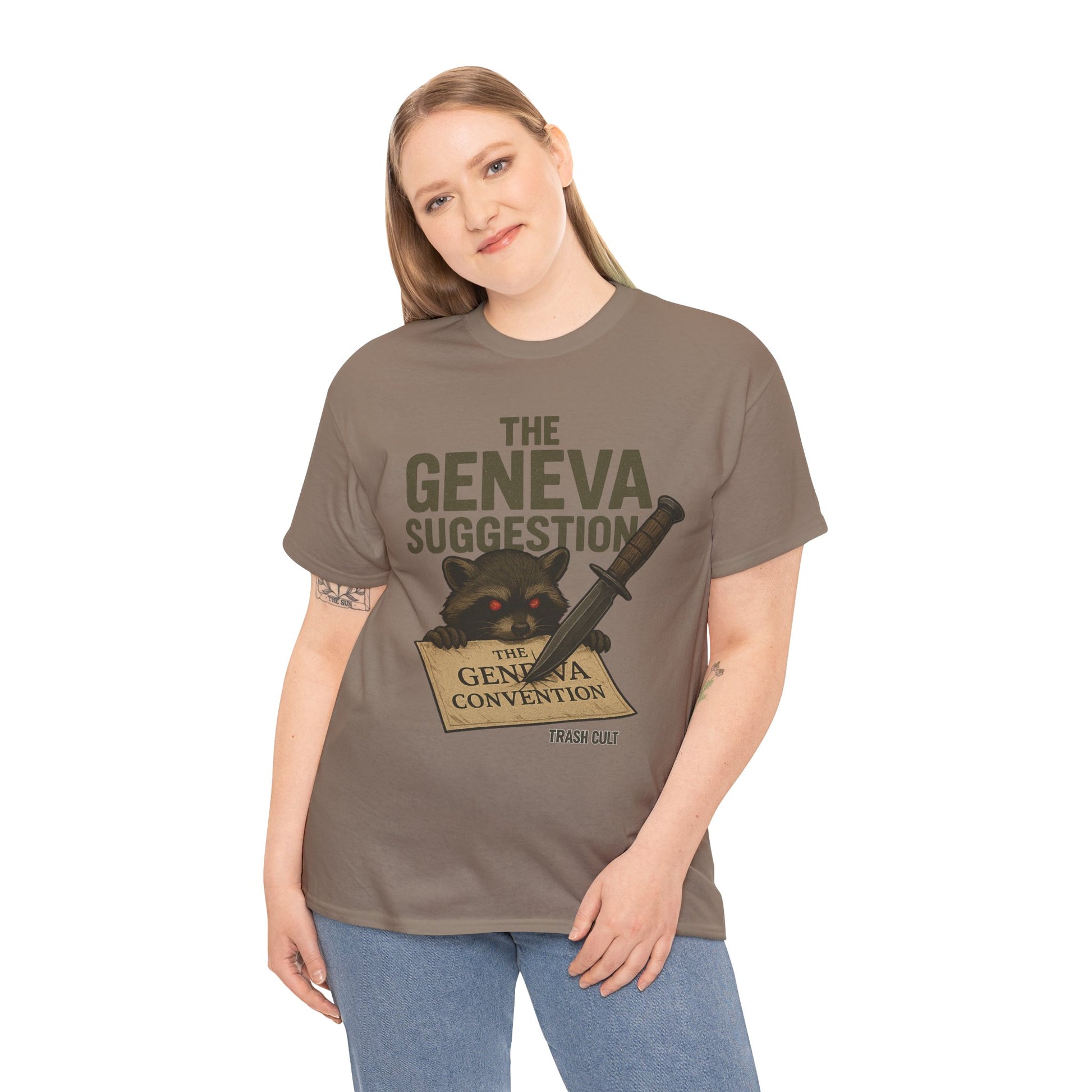 The Geneva Suggestion T-Shirt – Tactical Raccoon Dark Humor Tee | Trash Cult Supply Co. | Gildan 5000