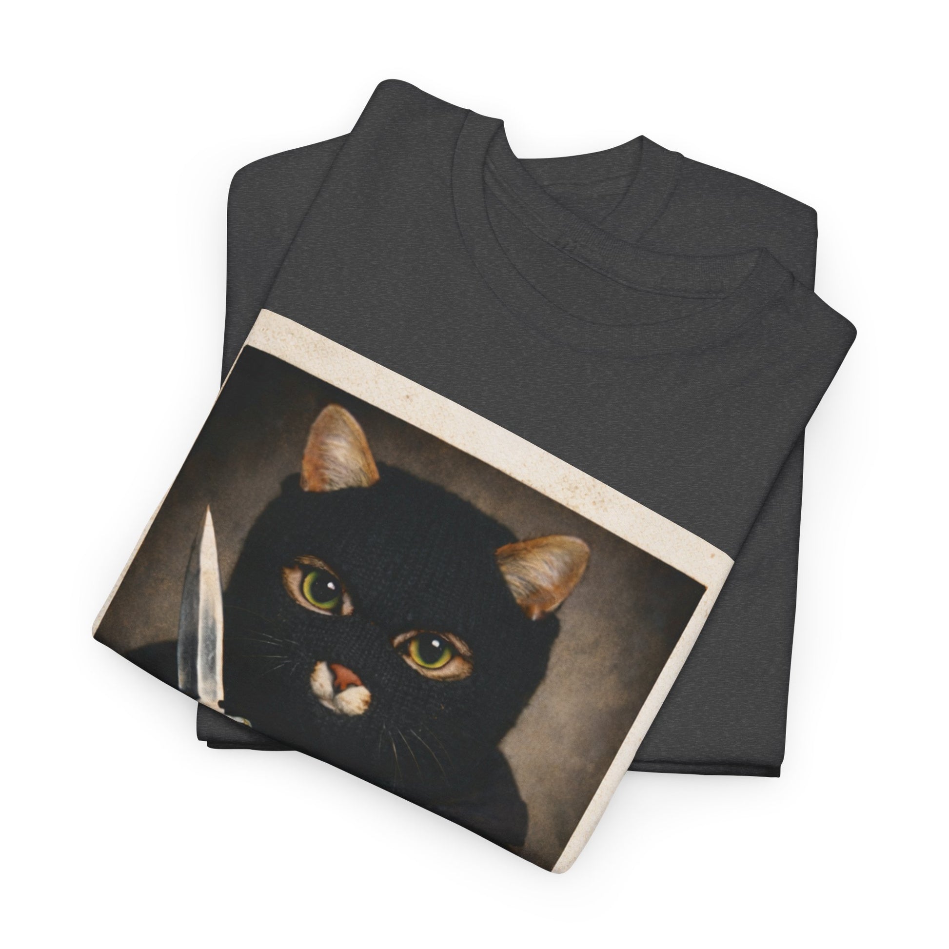 Cat With Knife Tee — "Mittens" Dark Humor Vintage Polaroid Graphic T-Shirt