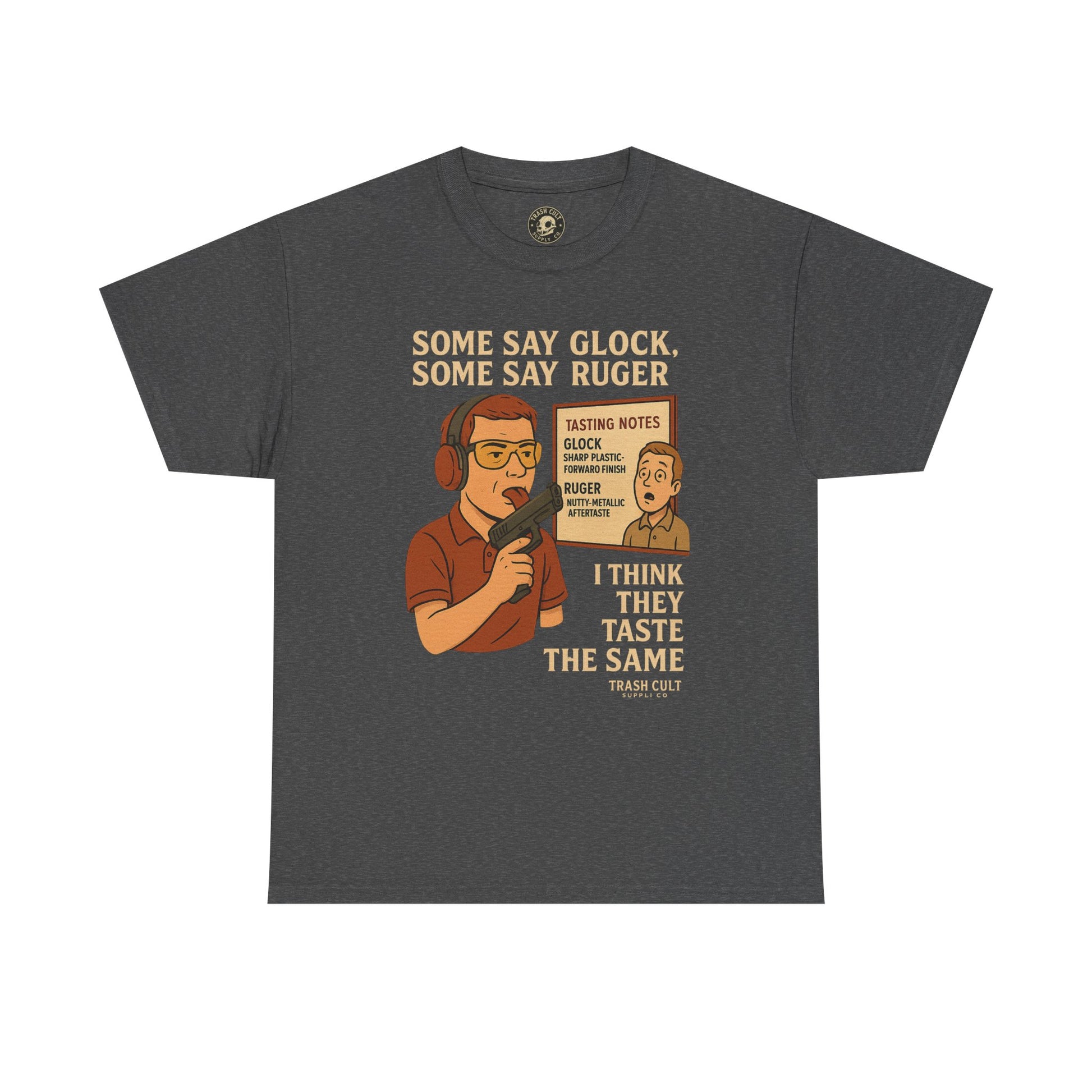 Glock vs Ruger Mouthfeel Shirt – Funny Gun Show Parody Tee | Dark Humor Firearm Tasting Notes Shirt