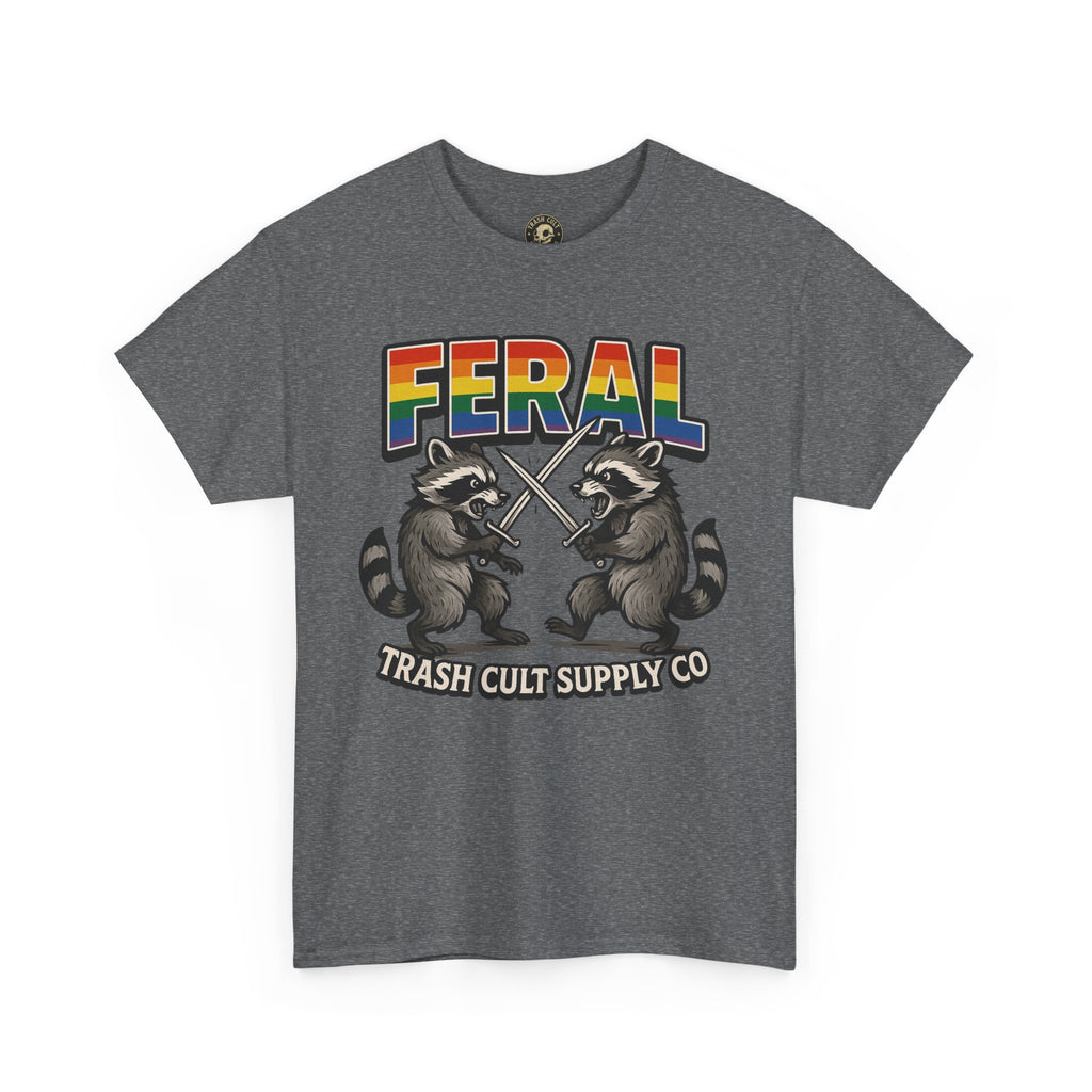 FERAL Rainbow Raccoon Sword Fighting Graphic Tee – Gildan 5000 Heavy Cotton