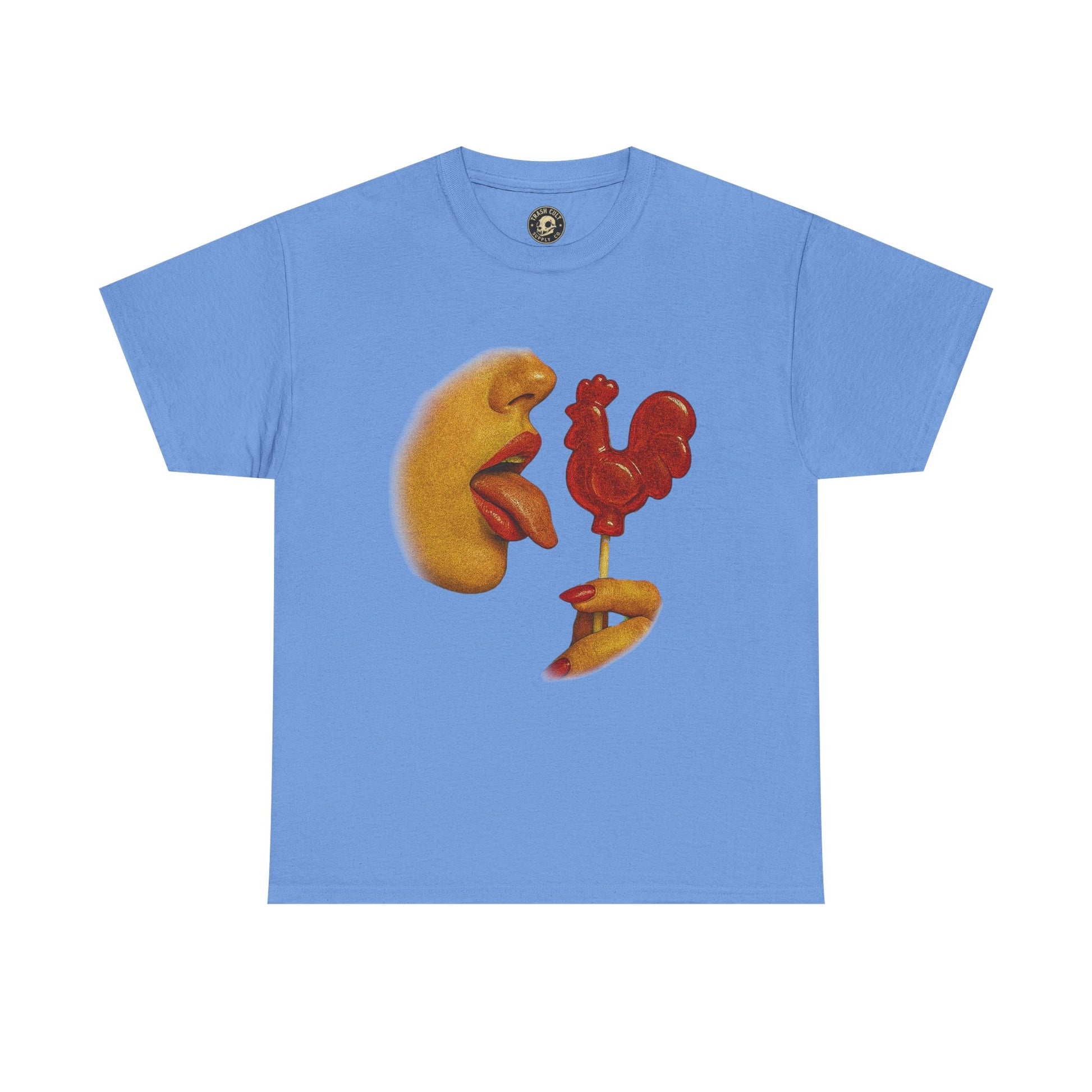 Bold Retro Halftone Tease – Red Rooster Lollipop Graphic Tee