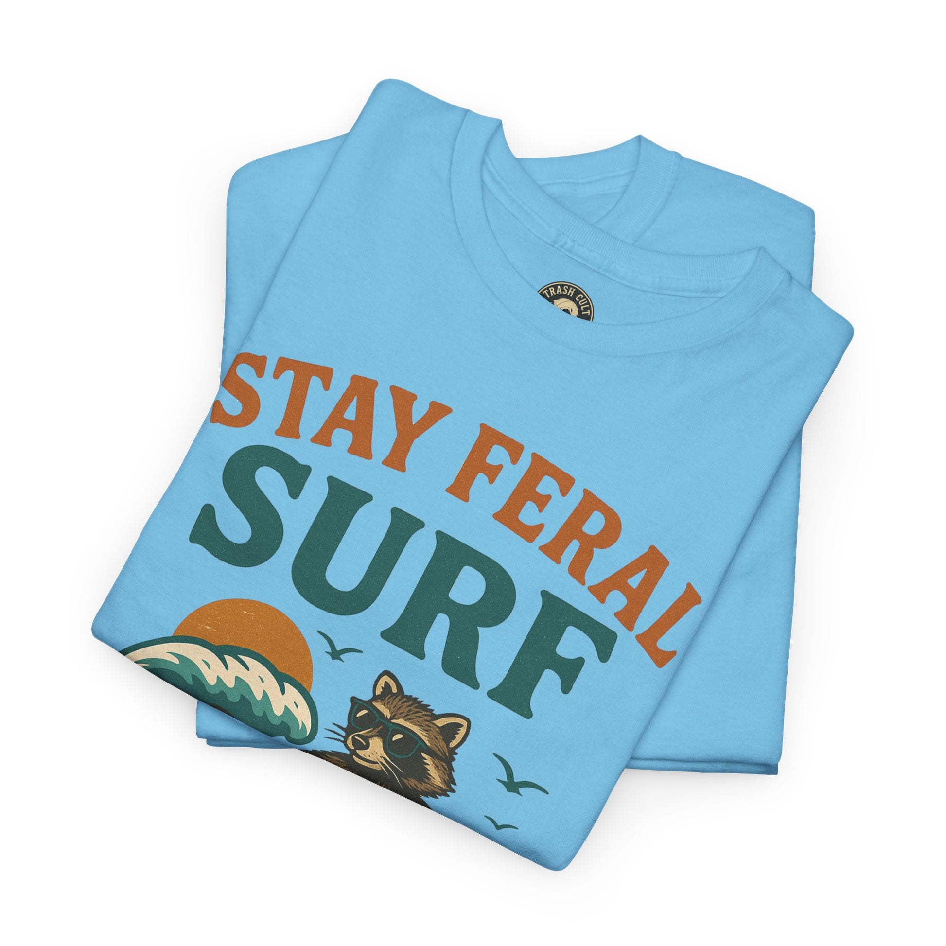 Stay Feral Surf Shirt – Retro Raccoon Beach Tee – Trash Cult Supply Co – Gildan 5000