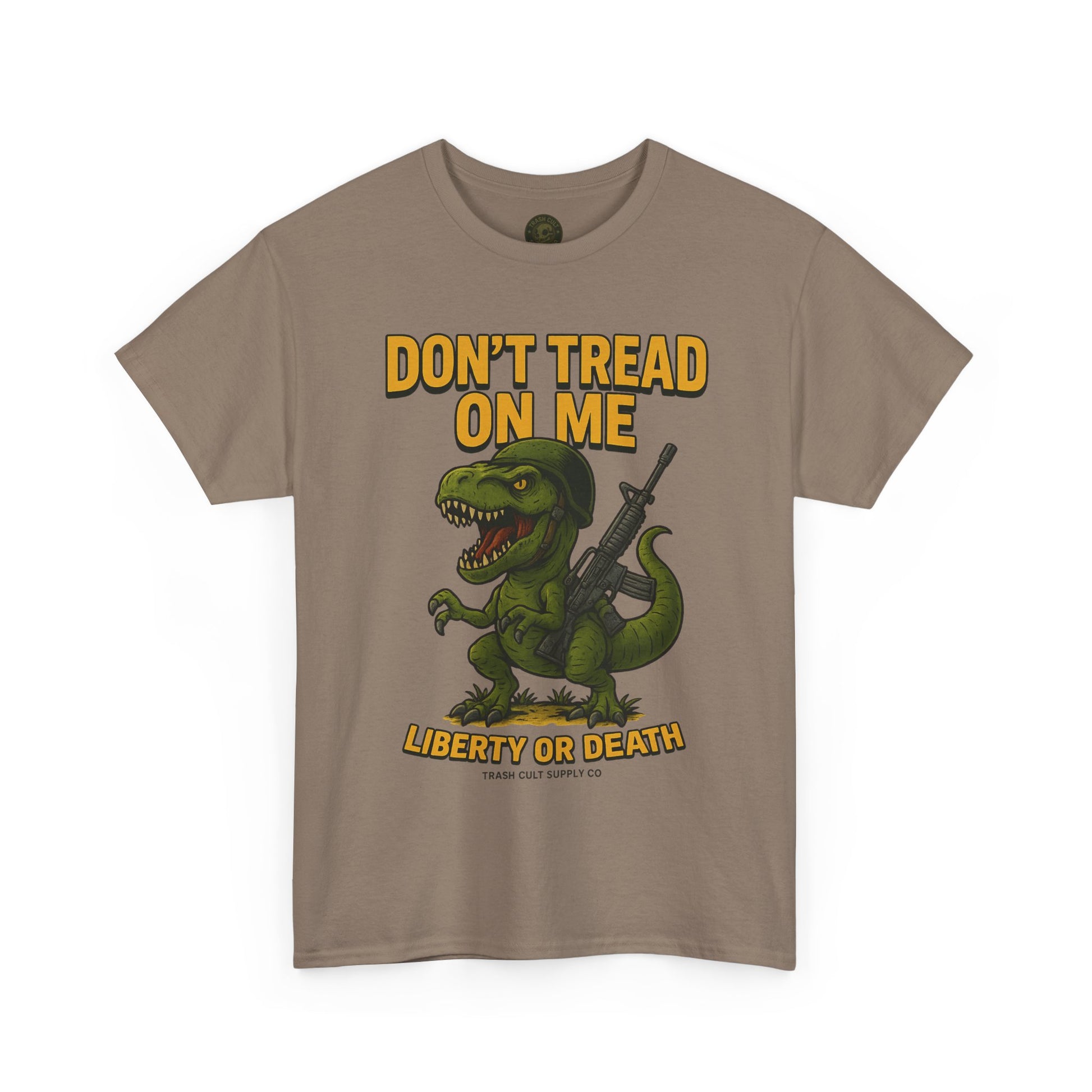 Don’t Tread On Me T-Rex T-Shirt – Liberty or Death Graphic | Trash Cult Supply Co. | Gildan 5000 Heavy Cotton
