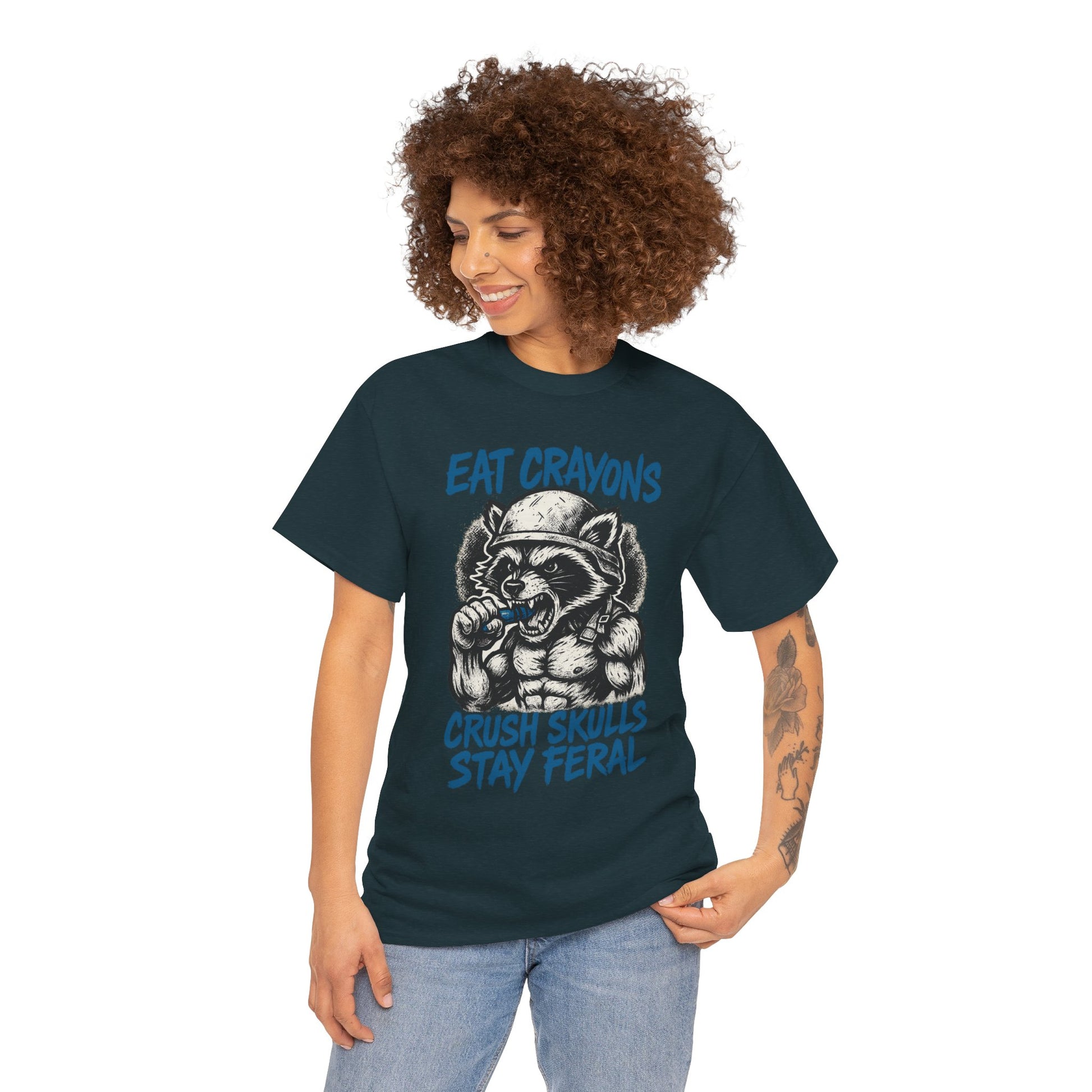 Eat Crayons Crush Skulls Stay Feral Military Raccoon Shirt – Gildan 5000