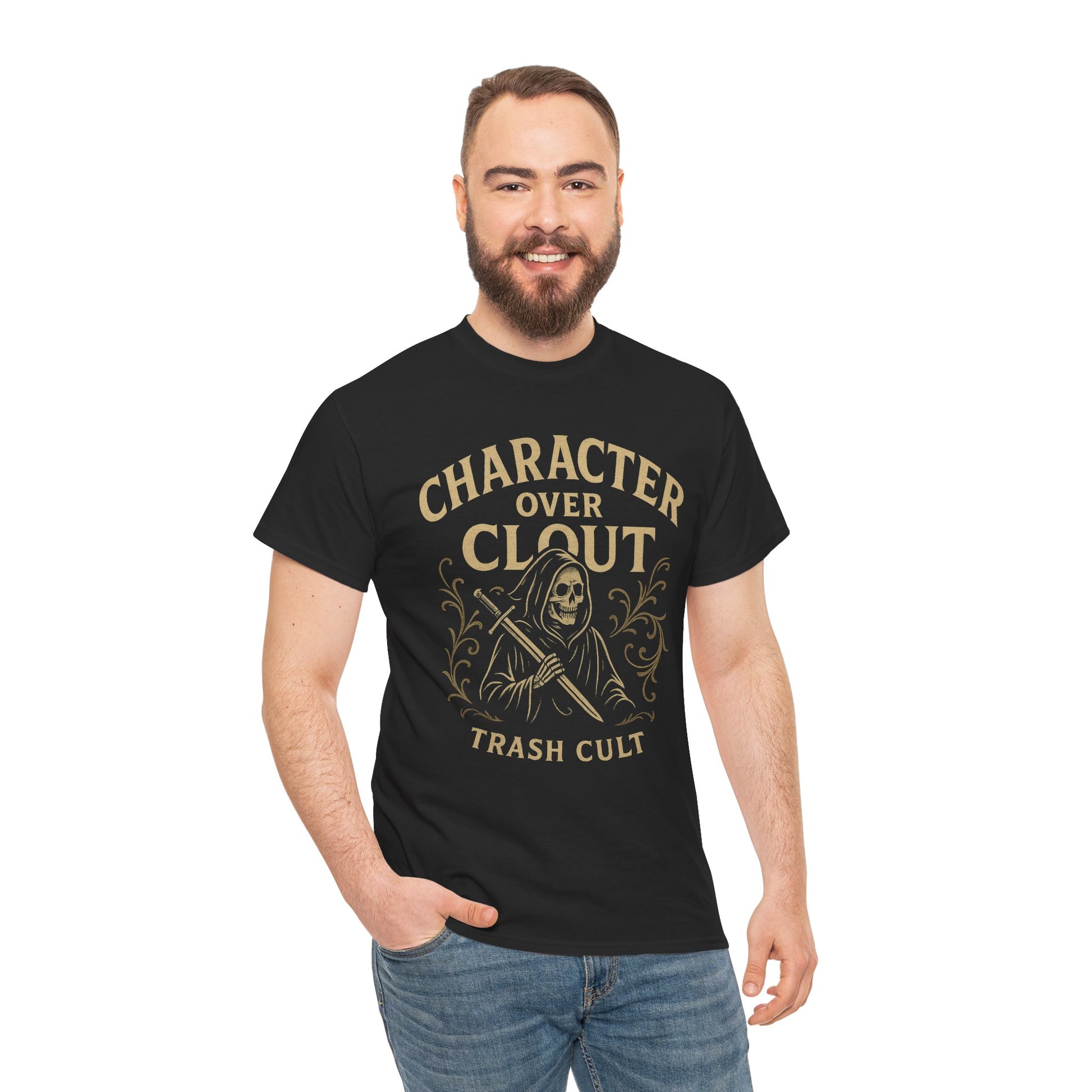Character Over Clout T-Shirt (Black Gildan 5000) – Vintage Vigilante | Trash Cult Supply Co.