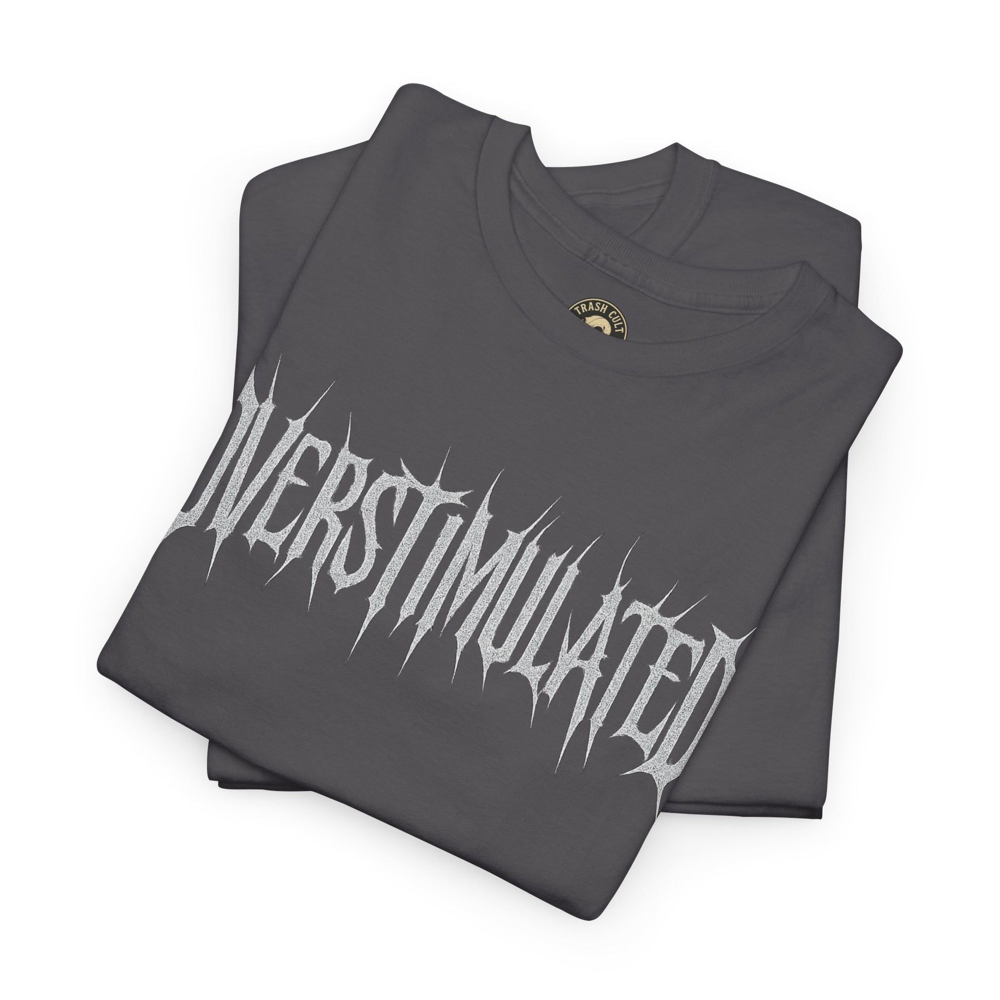 OVERSTIMULATED Metalcore Grunge Shirt – White on Black Distressed Font Tee
