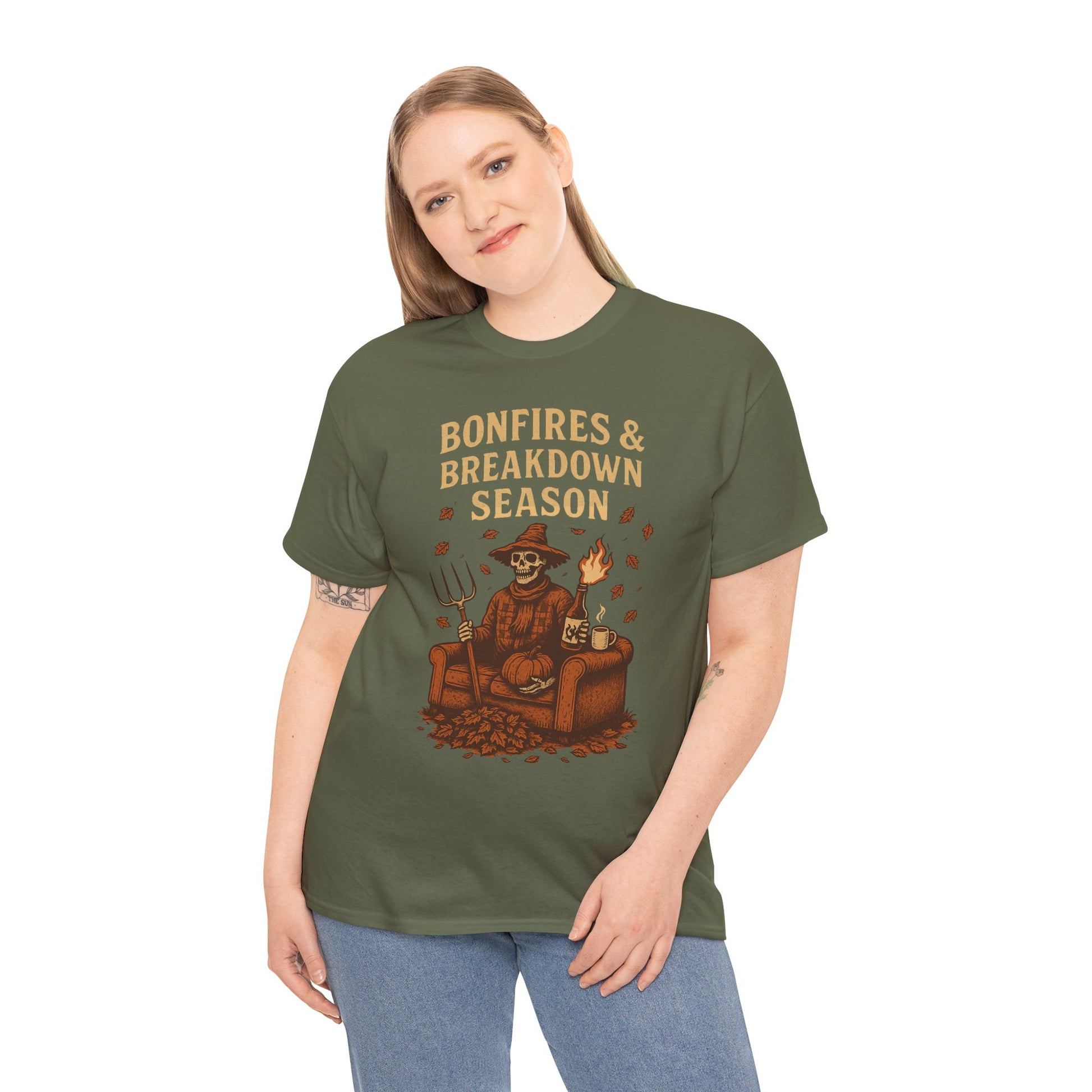 Bonfires & Breakdown Season Shirt – Skeleton Couch Chaos Tee – Fall of Humanity Collection – Trash Cult Supply Co.
