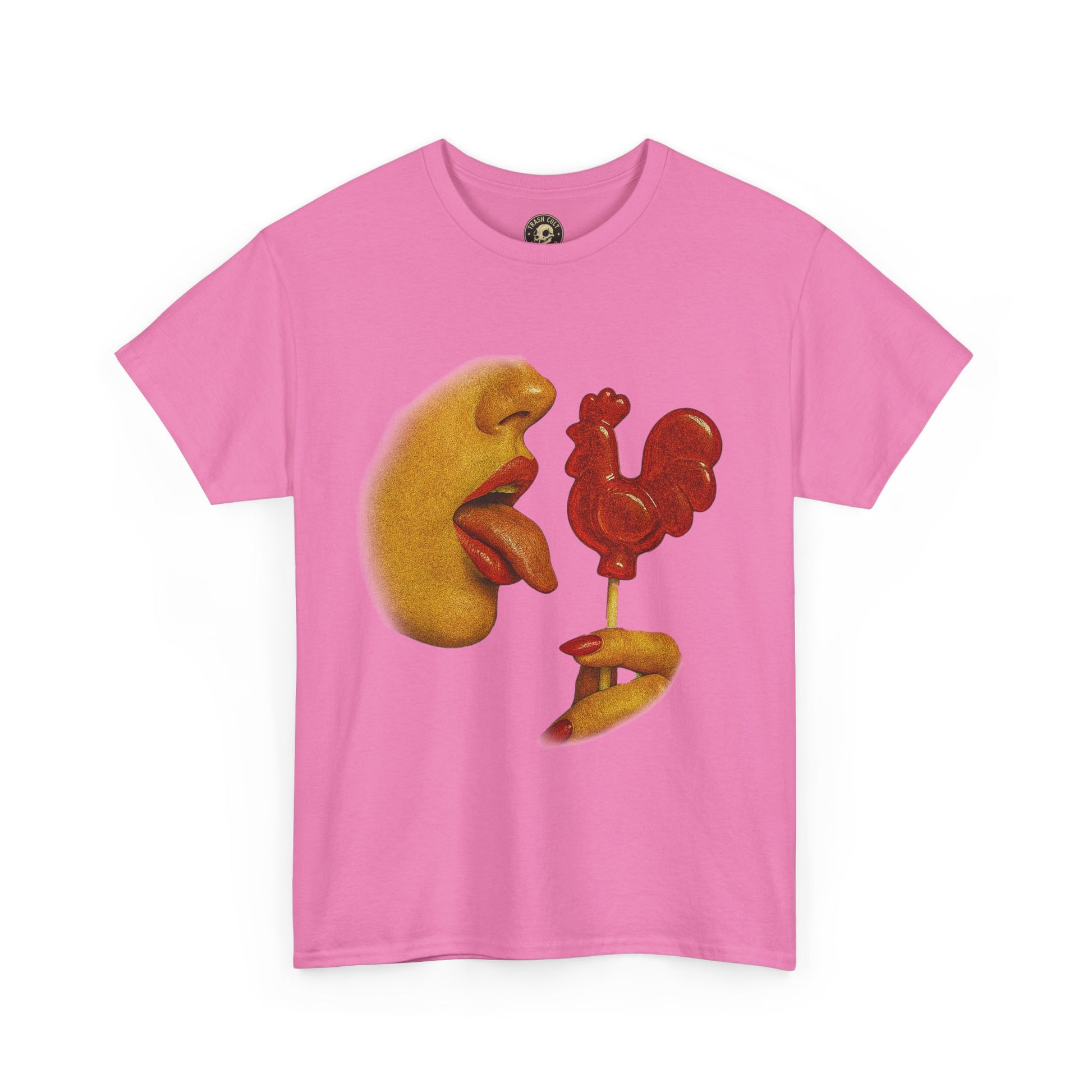 Bold Retro Halftone Tease – Red Rooster Lollipop Graphic Tee