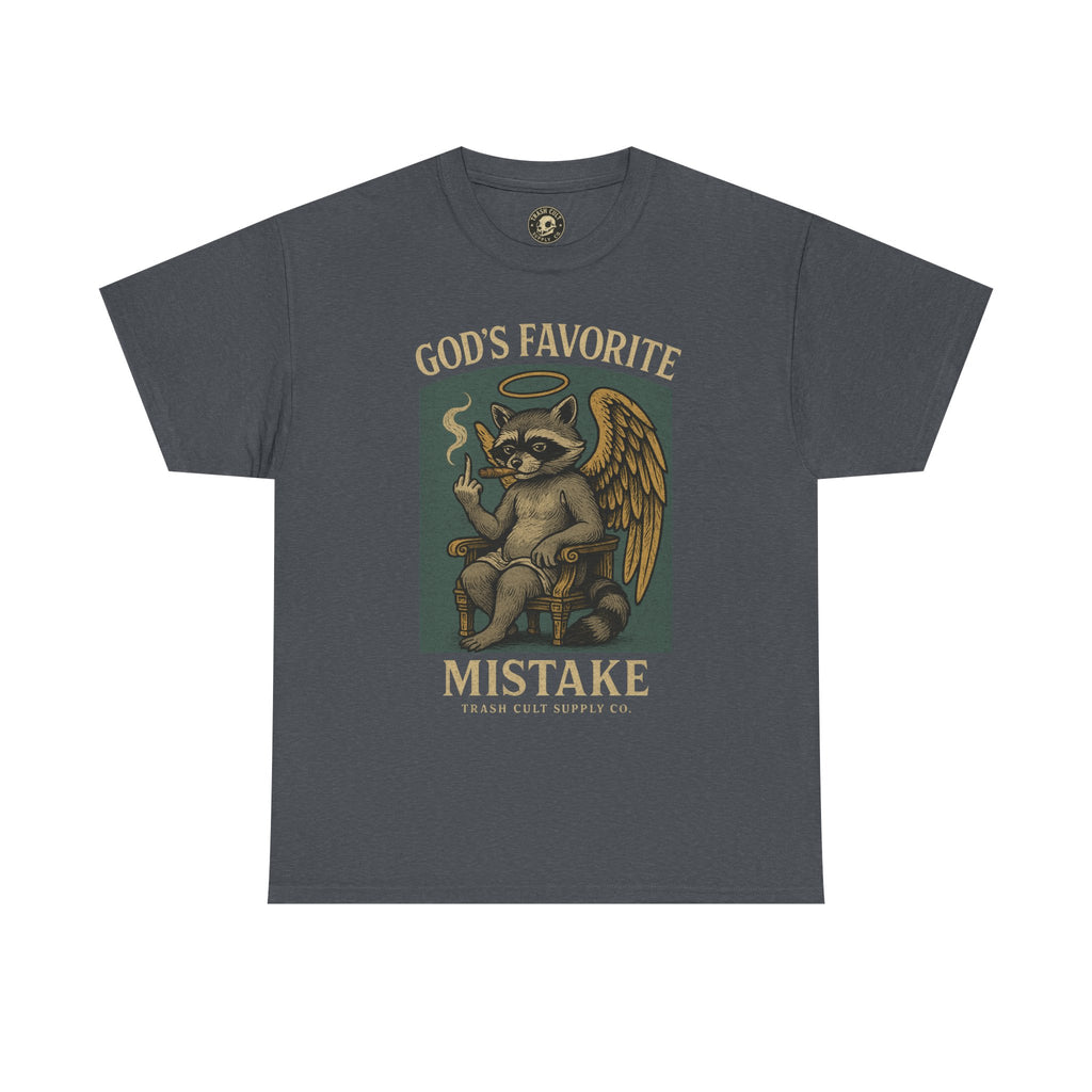 God’s Favorite Mistake Shirt – Raccoon Angel Flipping the Bird by Trash Cult Supply Co.